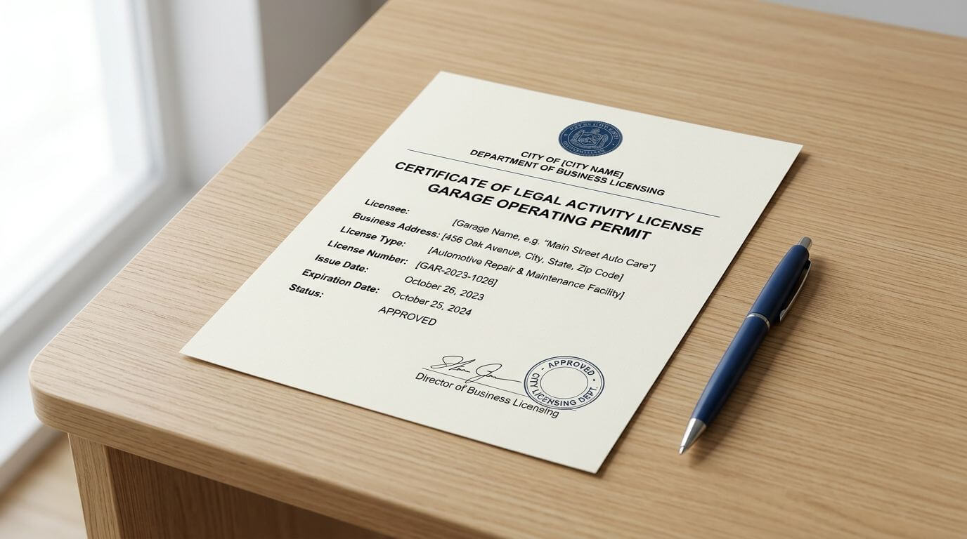 Certificados Energéticos | Requisitos para poner un Vado: Guía completa 2026 Un permiso municipal de actividad de garaje colocado sobre un escritorio junto a un bolígrafo azul.