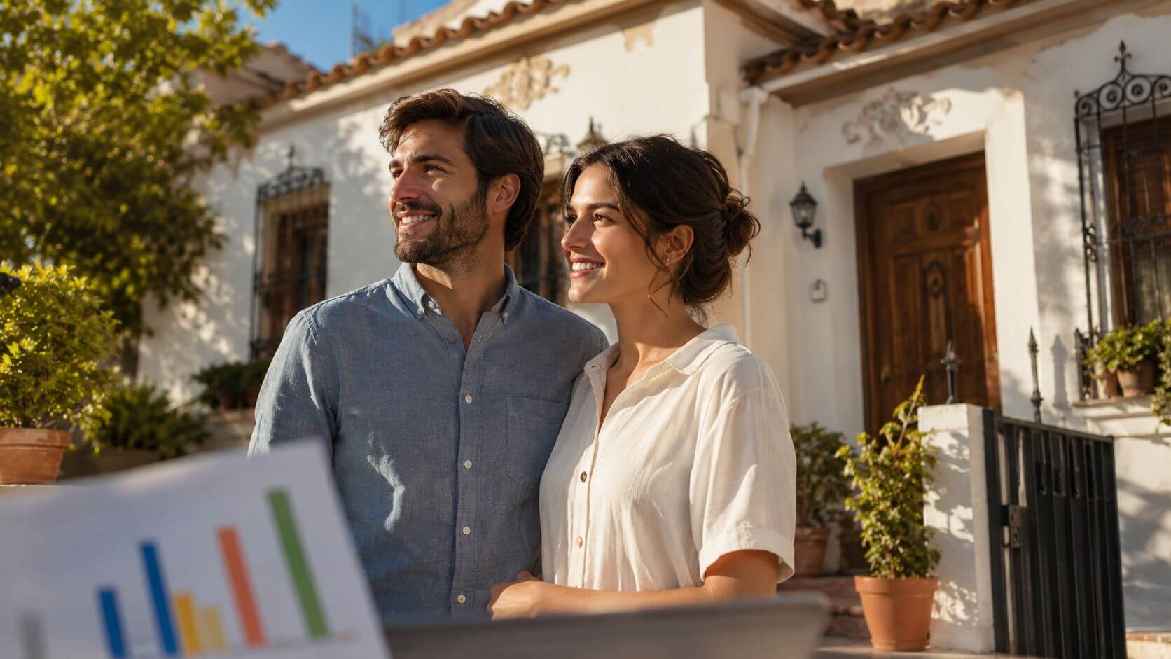 Certificados Energéticos | Guía Impuestos Compra Vivienda segunda mano Valencia 2026 Una pareja joven y feliz frente a su nueva casa planificando sus finanzas personales con un gráfico.