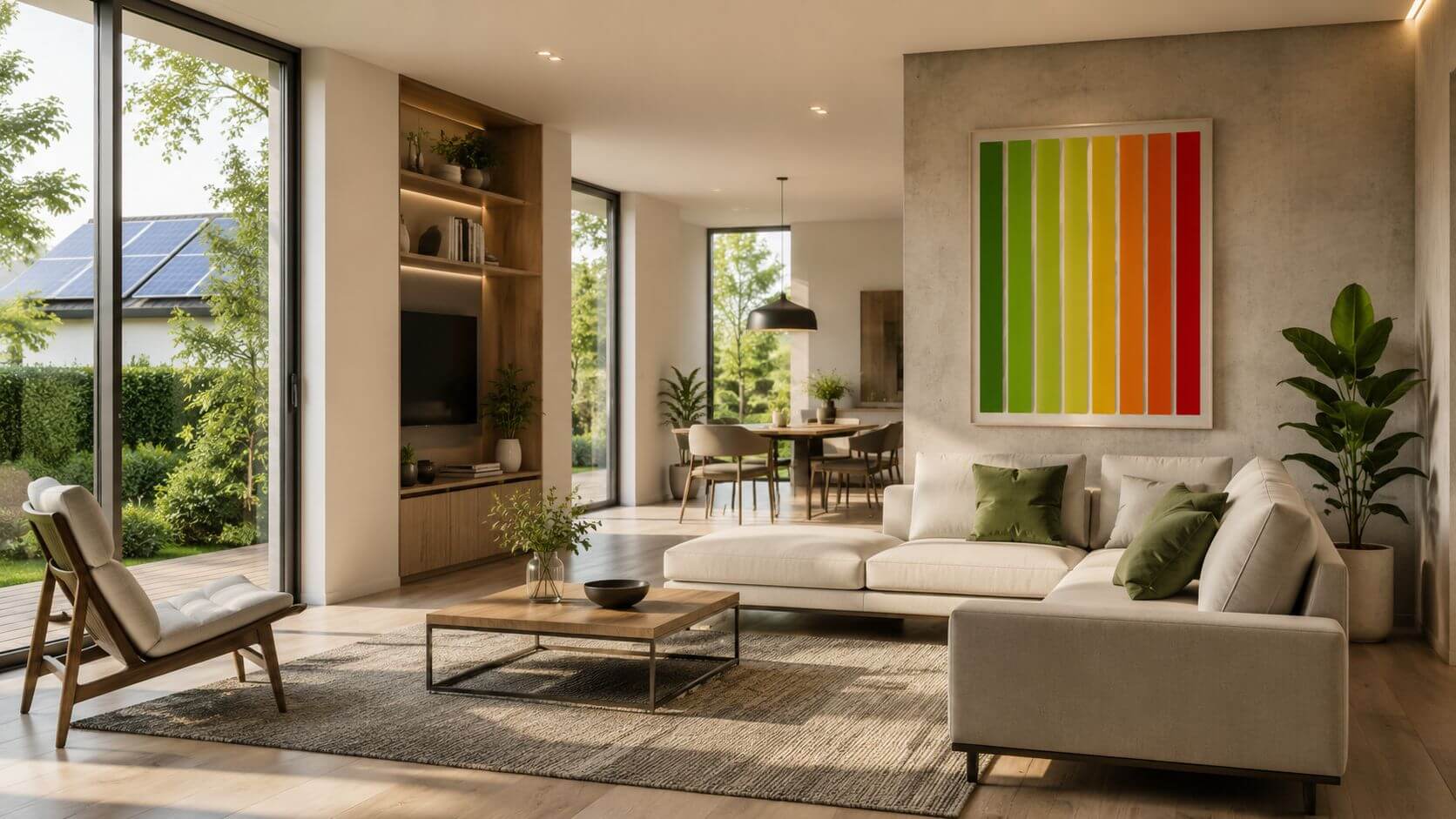 Certificados Energéticos | Guía Impuestos Compra Vivienda segunda mano Valencia 2026 Sala de estar moderna y luminosa con muebles contemporáneos, plantas decorativas y grandes ventanales con vista al jardín.
