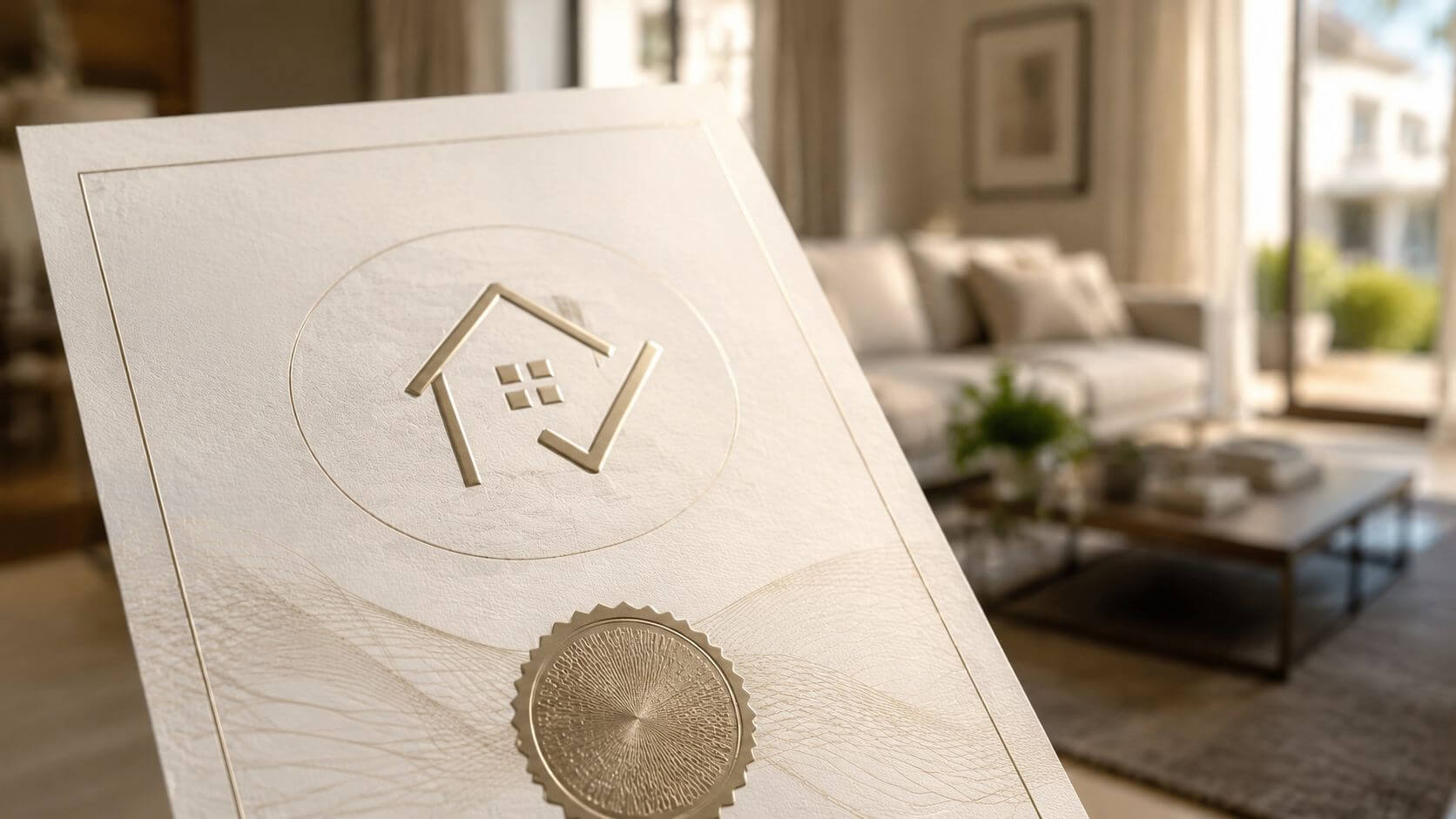 Certificados Energéticos | Guía Impuestos Compra Vivienda segunda mano Valencia 2026 Un documento oficial en primer plano con un logotipo de casa dorada en una sala elegante.