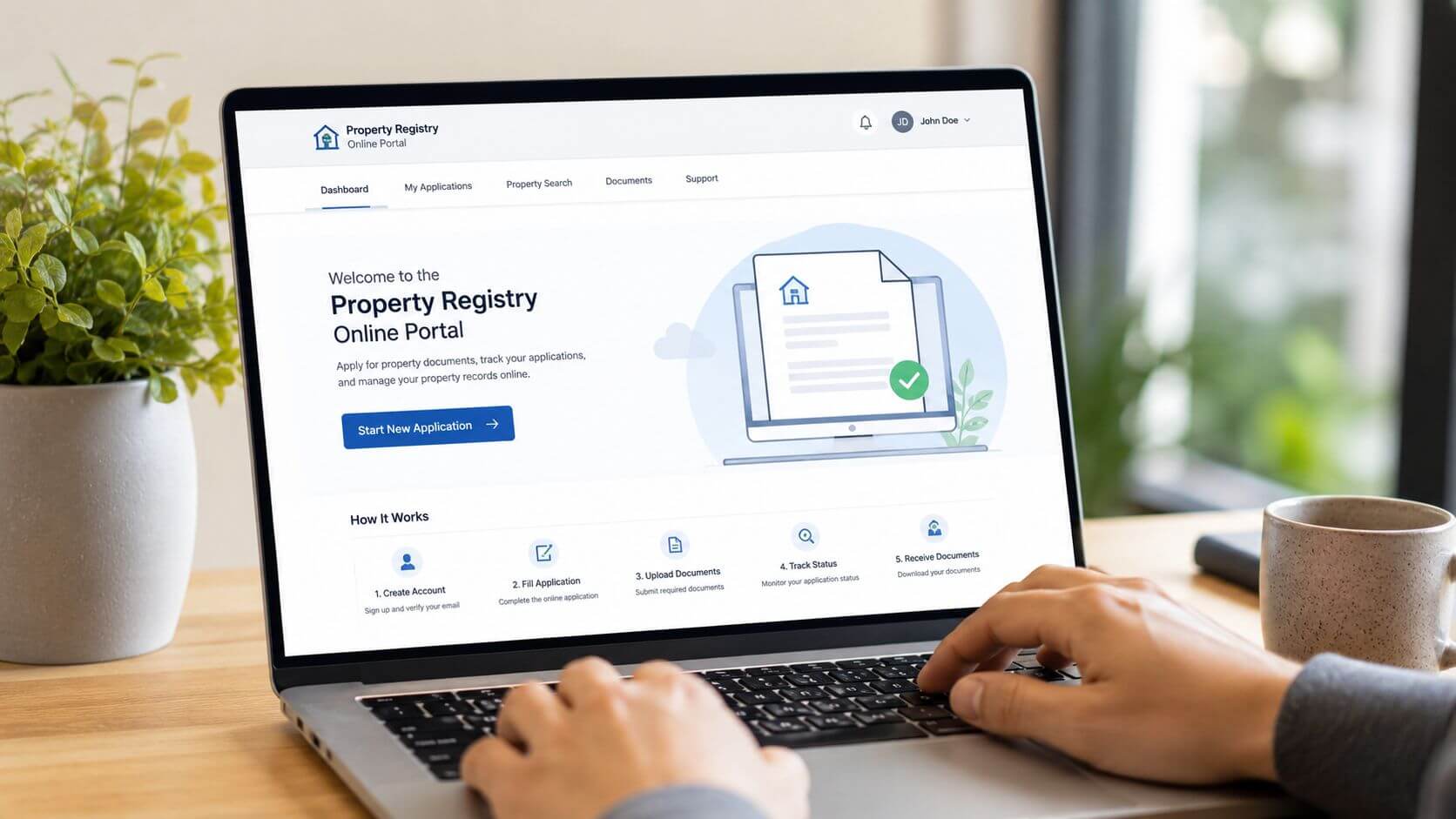 Certificados Energéticos | Notas simples Registro Propiedad: Guía completa 2026 Una persona interactuando con un portal web de registro de propiedades en una computadora portátil moderna.