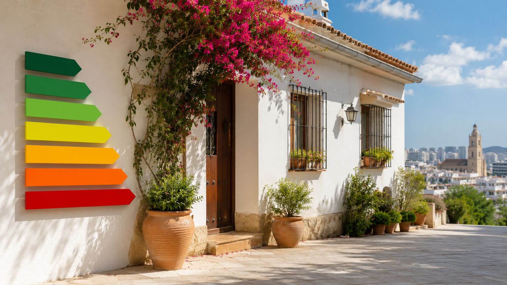 Certificados Energéticos | Me han vendido una casa Fuera de Ordenación: Qué Hacer Una casa blanca mediterránea con bougainvillea y una escala de certificación energética en la pared exterior.