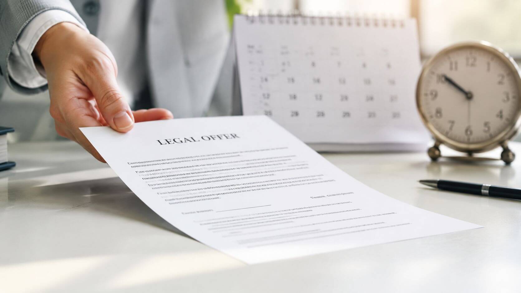 Certificados Energéticos | Tiempo entre FEIN y Firma Hipoteca: Guía 2026 Una mano extendida entrega un documento legal de oferta sobre un escritorio con reloj y calendario.