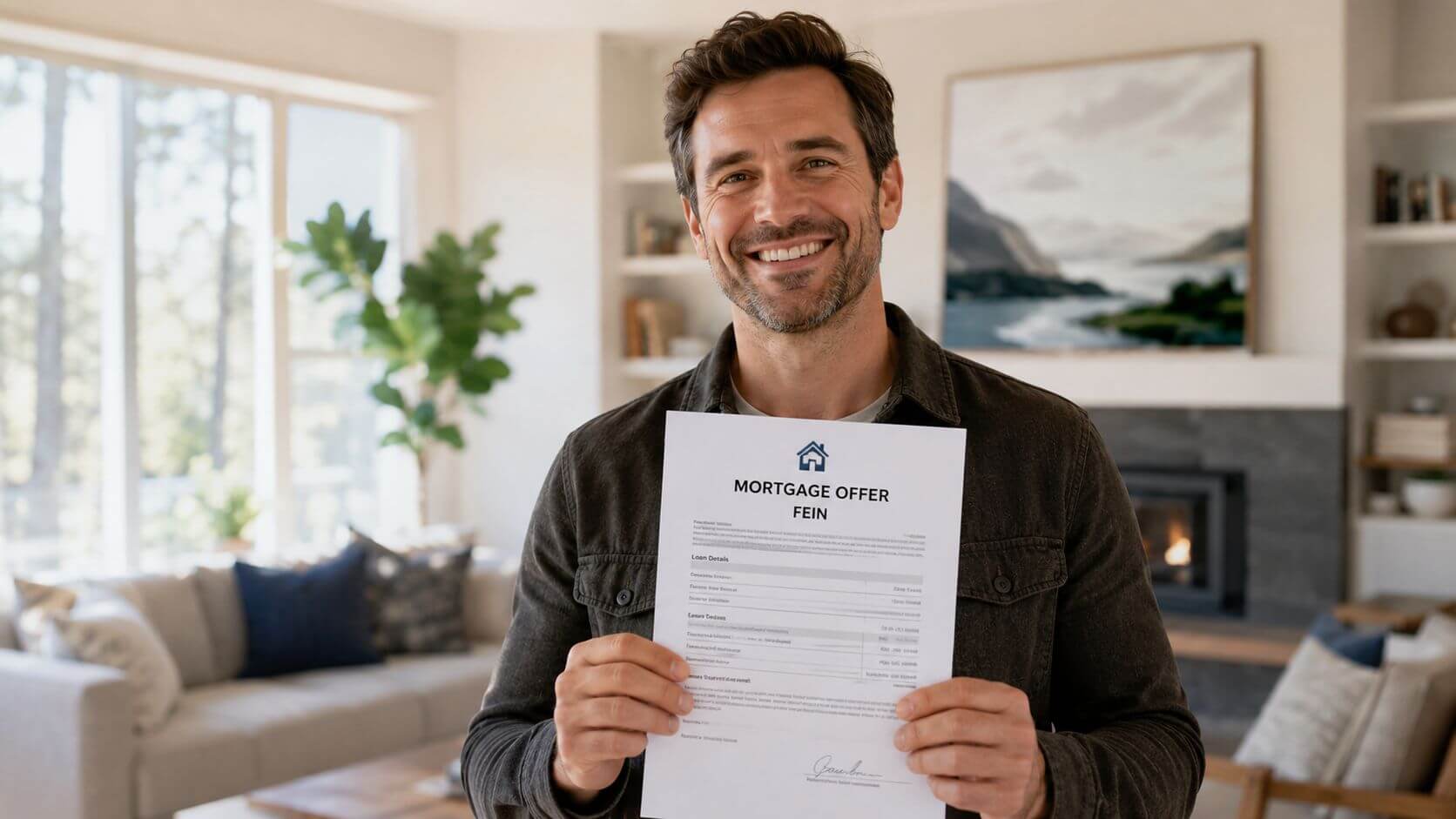 Certificados Energéticos | Tiempo entre FEIN y Firma Hipoteca: Guía 2026 Un hombre sonriente sosteniendo un documento de oferta hipotecaria en el interior de una casa iluminada