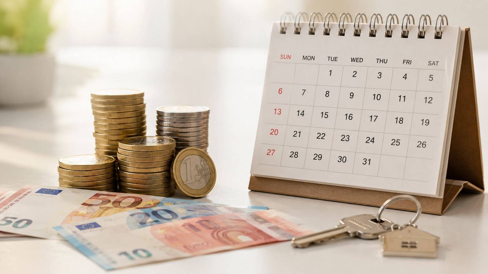 Certificados Energéticos | Guía Completa: Descubre que es el Arrendamiento en 2026 Monedas de euro, billetes, llaves de casa y un calendario sobre una mesa para alquiler inmobiliario.