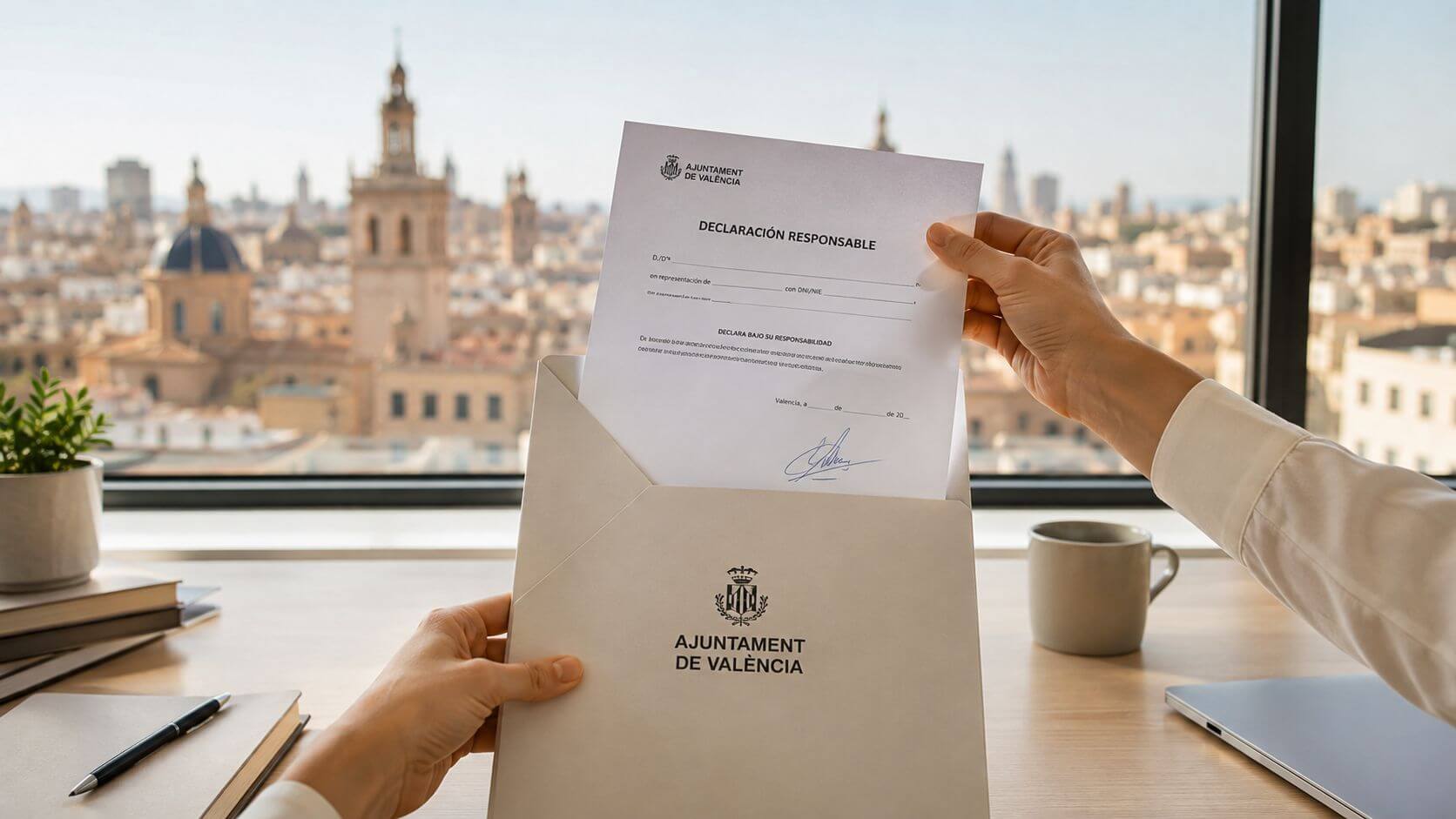 Certificados Energéticos | Se puede escriturar sin Cédula de Habitabilidad: Guía 2026 Una persona sosteniendo un documento oficial de Declaración Responsable del Ayuntamiento de Valencia frente a una ventana.