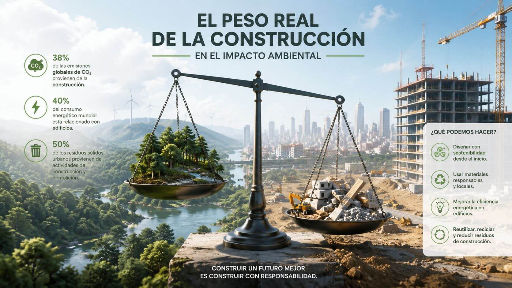 Certificados Energéticos | Economía circular en la construcción: Guía práctica 2026 Balanza que compara el impacto ambiental negativo de la construcción con un entorno natural conservado.