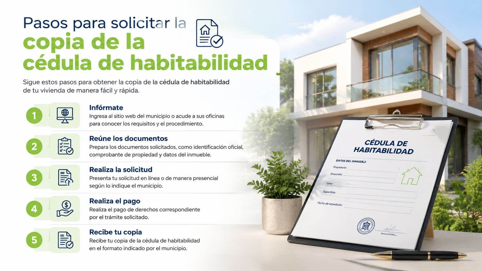 Certificados Energéticos | Copia de la Cédula de Habitabilidad en Valencia Infografía con los pasos para solicitar la copia de la Cédula de Habitabilidad de una vivienda.