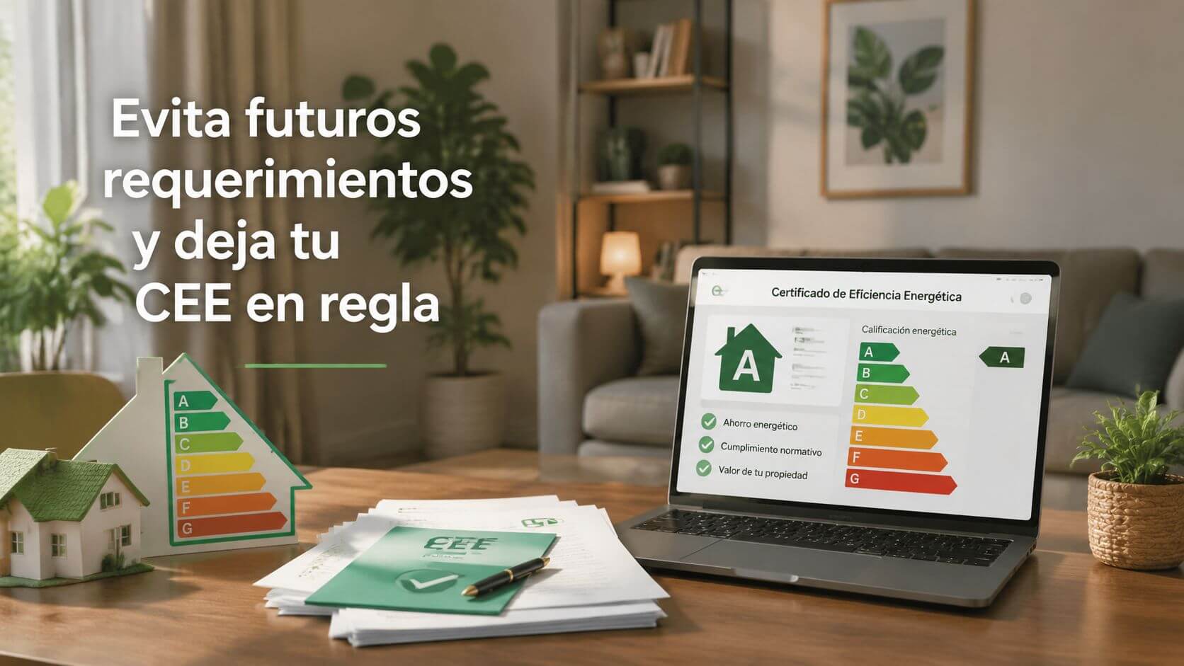 Certificados Energéticos | Subsanación de discrepancias en CEE en Valencia Ordenador portátil con un certificado de eficiencia energética junto a una maqueta de casa en una mesa.
