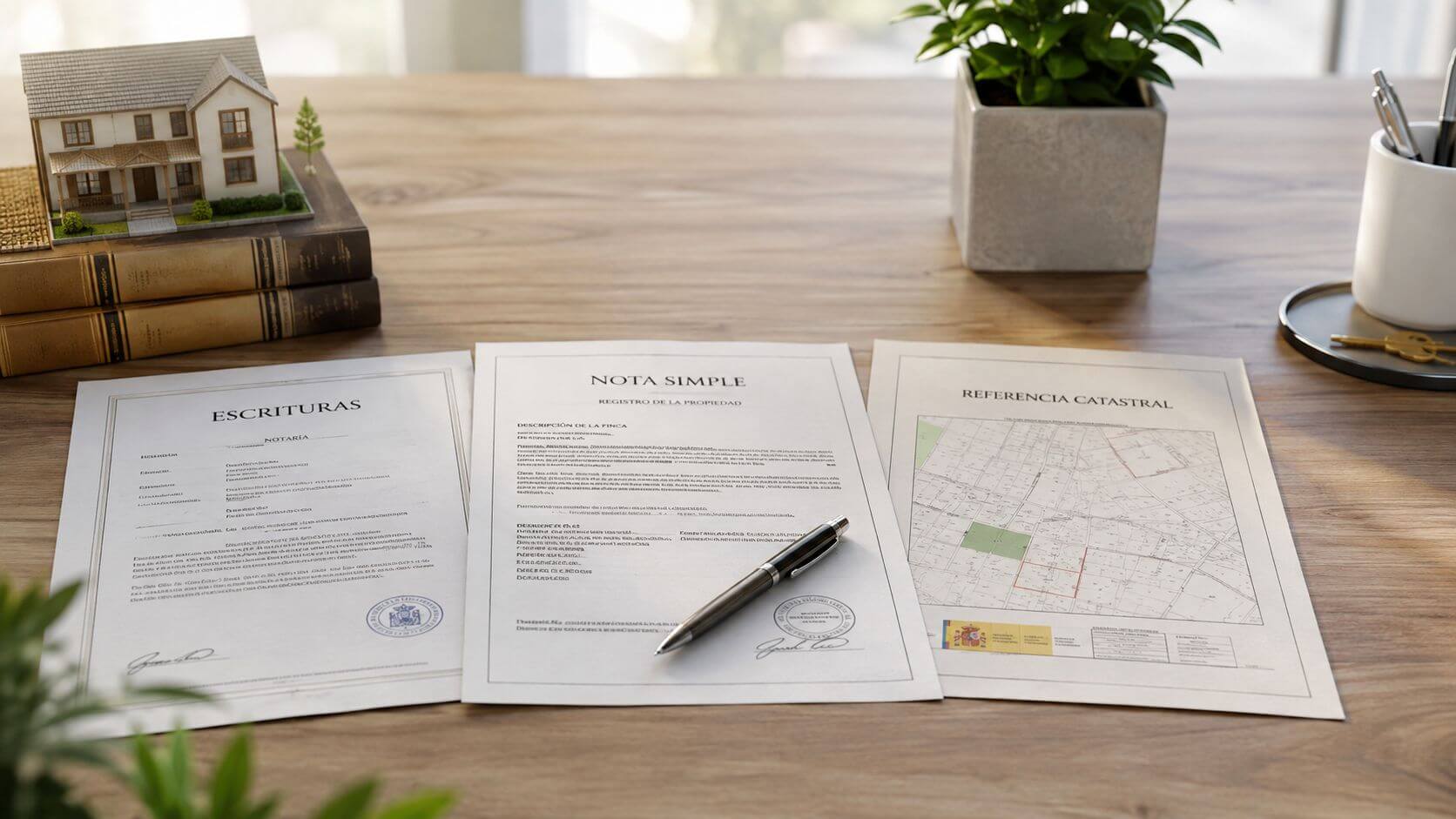 Certificados Energéticos | Documentos para vender piso en Valencia: Guía completa Documentos legales necesarios como escrituras y nota simple para la venta de un piso sobre escritorio.