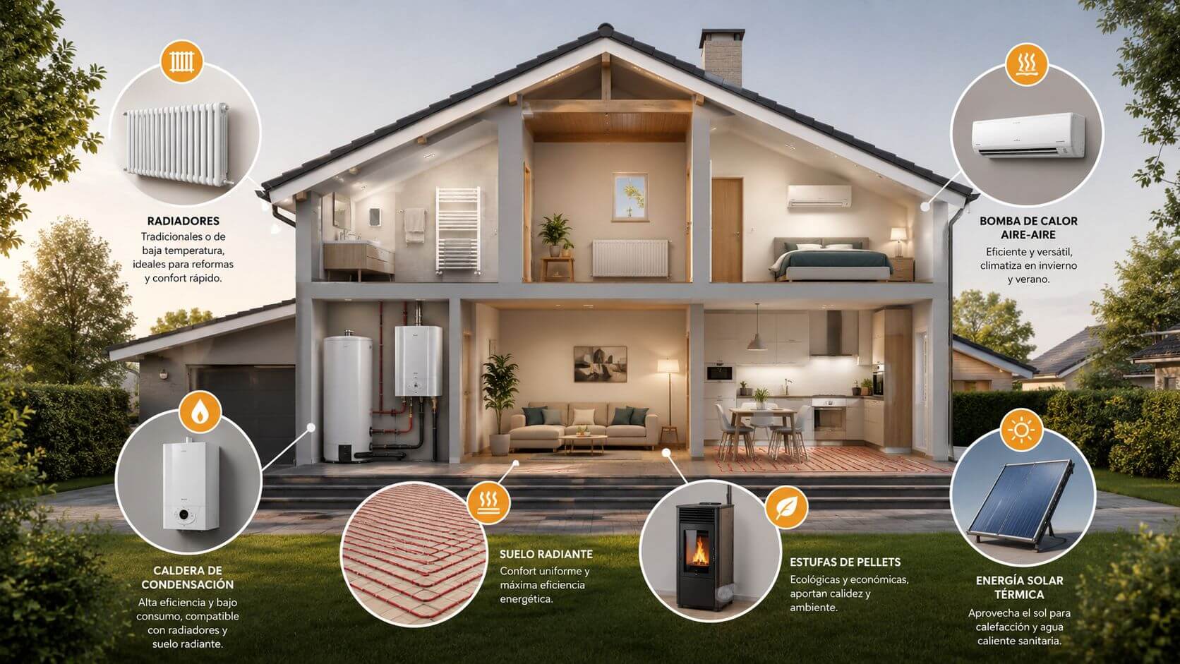 Certificados Energéticos | Sistemas Calefacción Eficientes en Valencia: Guía Práctica Representación ilustrada de una casa mostrando diversos sistemas de calefacción eficientes instalados en diferentes habitaciones.