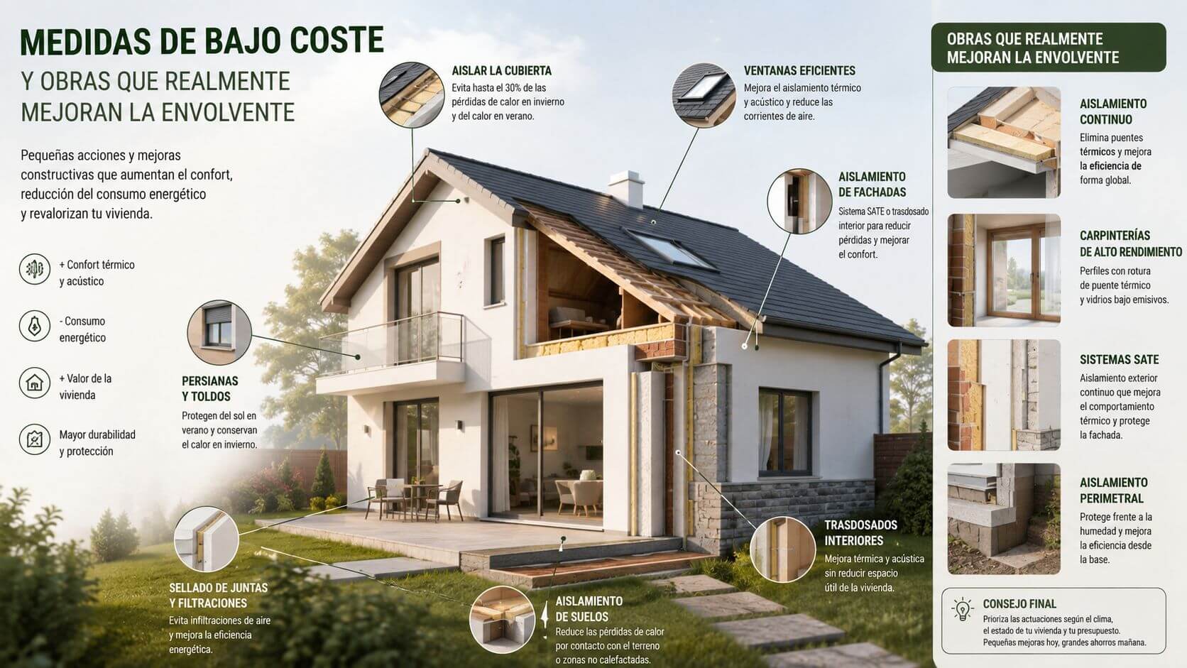 Certificados Energéticos | Reducción Factura Luz en Valencia: Guía práctica 2026 Infografía sobre medidas y obras de eficiencia energética para mejorar el aislamiento y confort de una vivienda.
