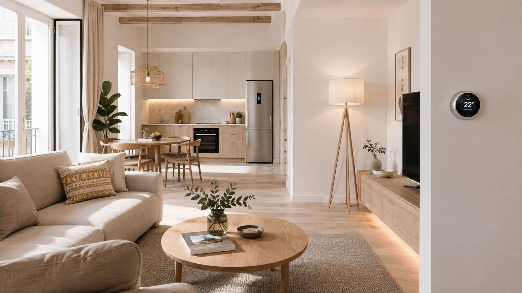 Certificados Energéticos | Reducción Factura Luz en Valencia: Guía práctica 2026 Sala de estar moderna y luminosa con muebles de madera clara, plantas y termostato inteligente en la pared.