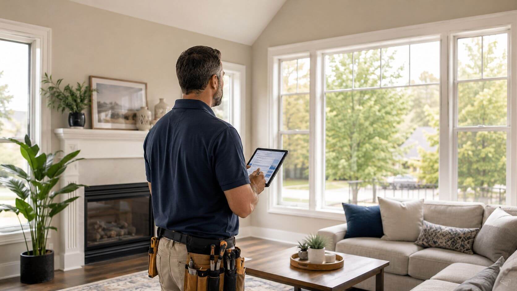 Certificados Energéticos | Certificado Energético Vivienda Unifamiliar: Gestión en 24 h Un técnico especializado revisa información en una tableta electrónica dentro de una luminosa vivienda unifamiliar moderna