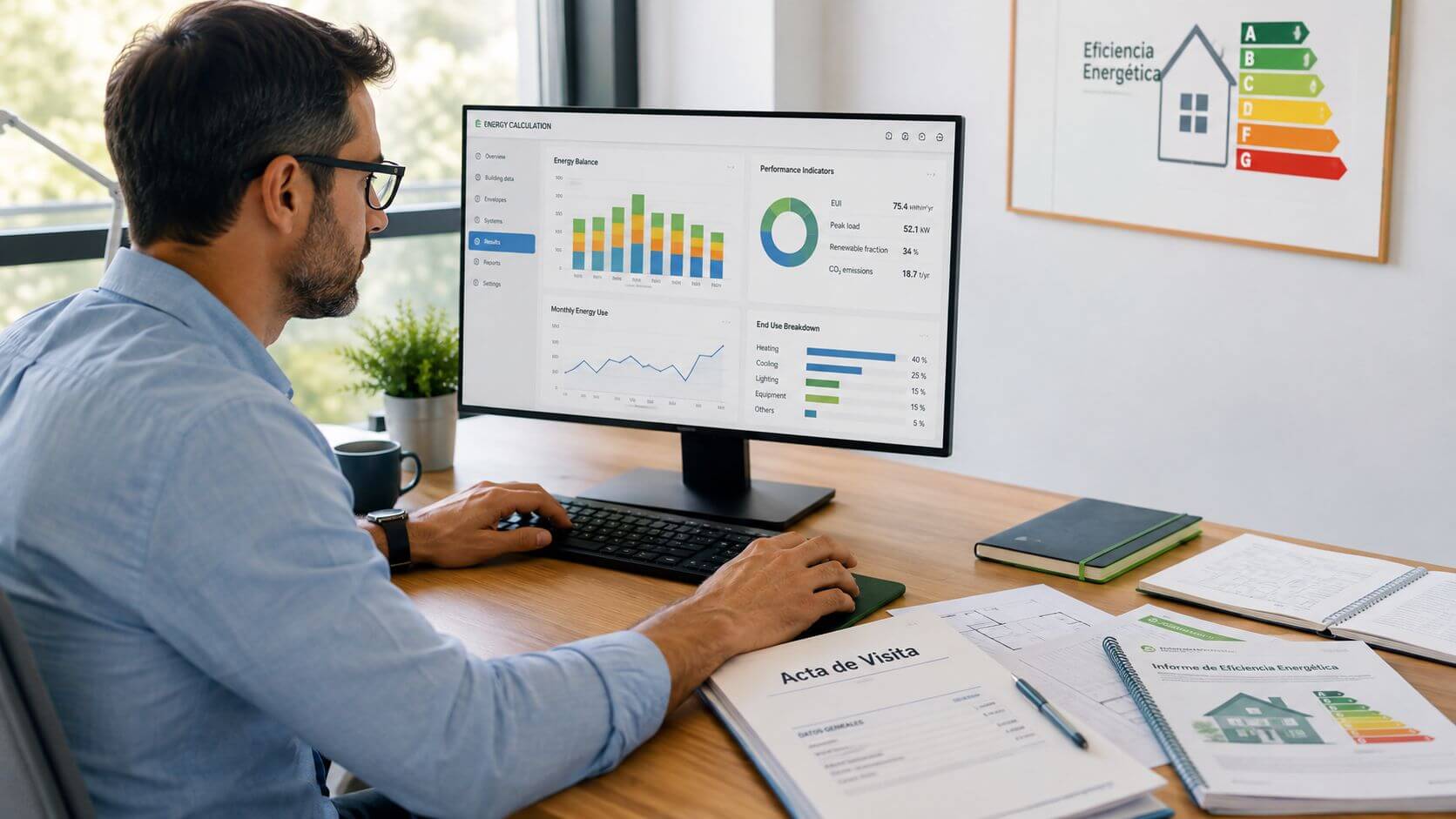 Certificados Energéticos | Certificado Energético para vender el piso en Valencia Un profesional analizando informes y gráficos sobre eficiencia energética de edificios en su computadora de escritorio.