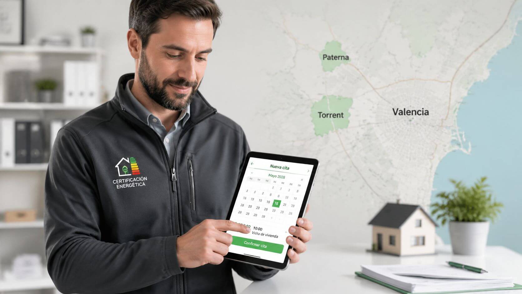 Certificados Energéticos | Certificado Energético para vender el piso en Valencia Profesional programando una cita de certificado energético en una tablet frente a un mapa de Valencia.