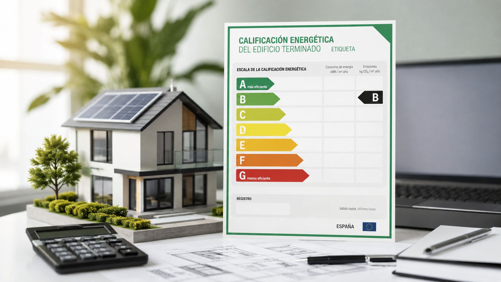 Certificados Energéticos | Ayudas rehabilitación energética vivienda: Guía 2026 Maqueta de una casa sostenible con paneles solares y certificado de eficiencia energética de clase B.
