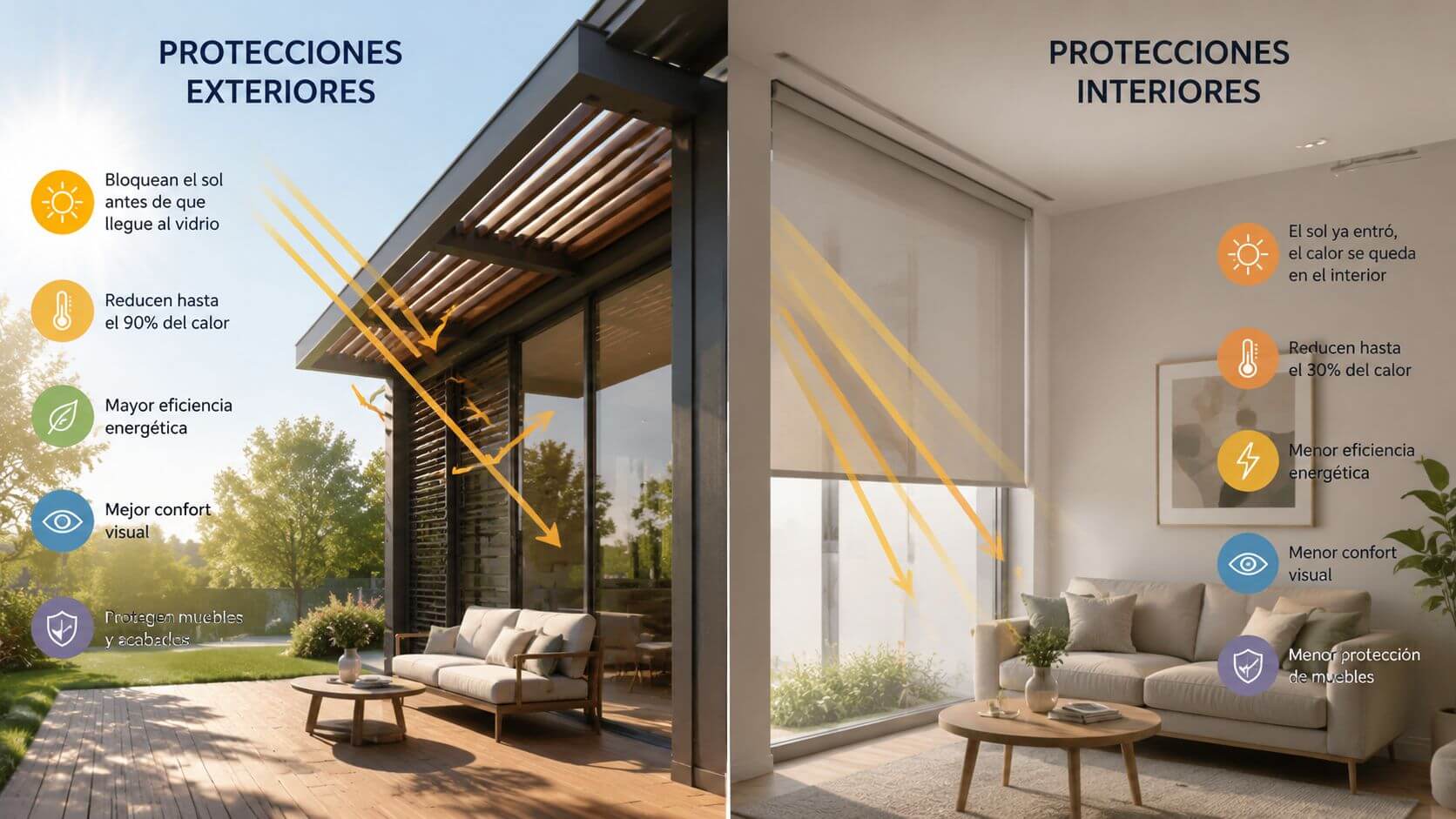 Certificados Energéticos | Protecciones solares exteriores Comparativa ilustrada que muestra la mayor eficacia de las protecciones solares exteriores frente a las interiores.