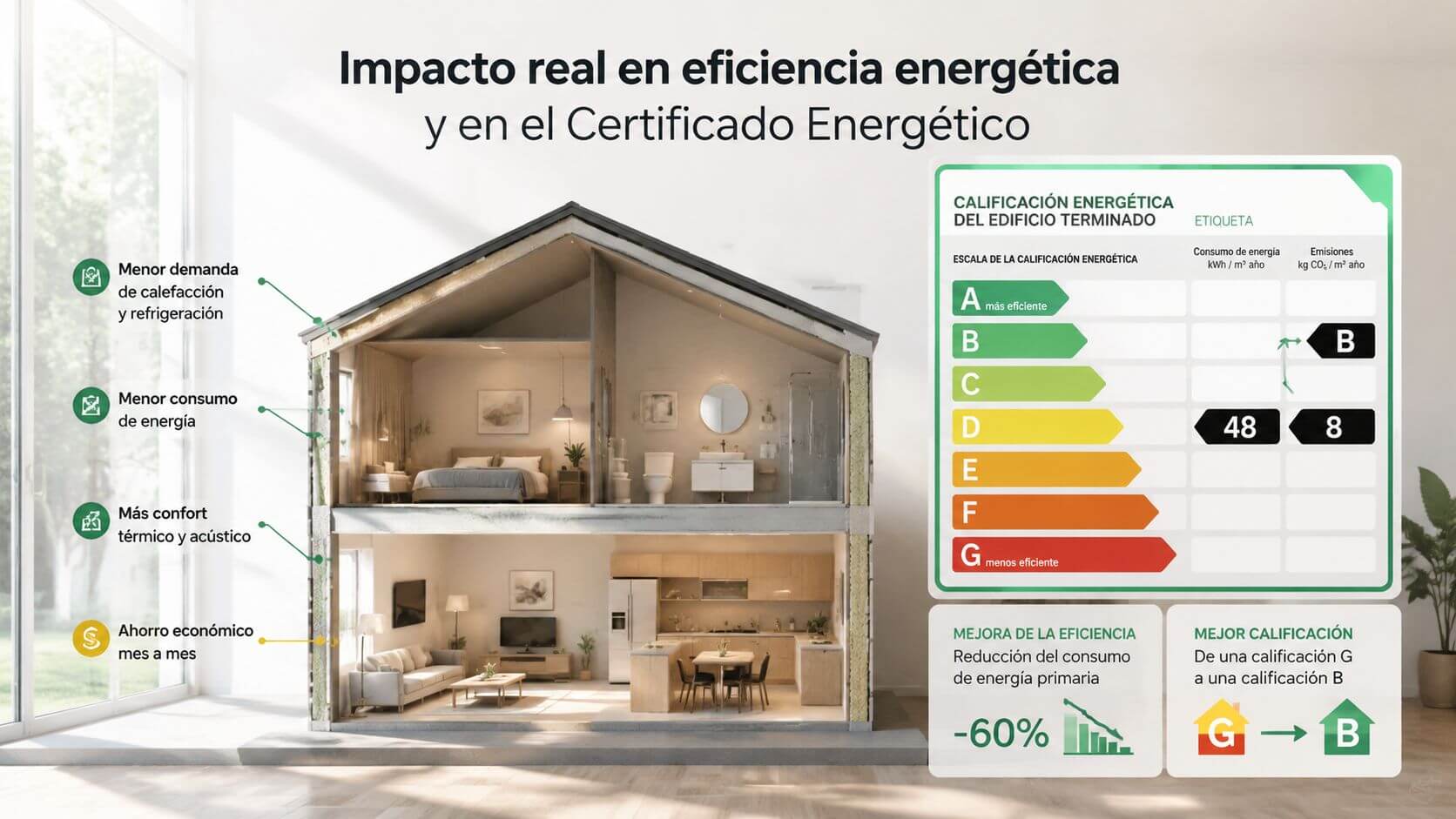 Certificados Energéticos | Protecciones solares exteriores Infografía sobre el impacto positivo de las protecciones solares exteriores en la eficiencia energética y el confort térmico.