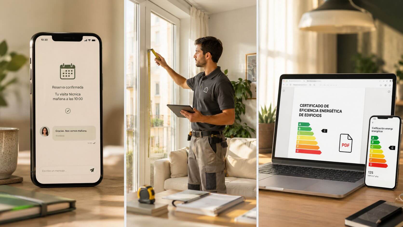 Certificados Energéticos | Cédula de Habitabilidad y Certificado Energético en Valencia Técnico midiendo una ventana junto a pantallas mostrando confirmación de cita y certificado de eficiencia energética.