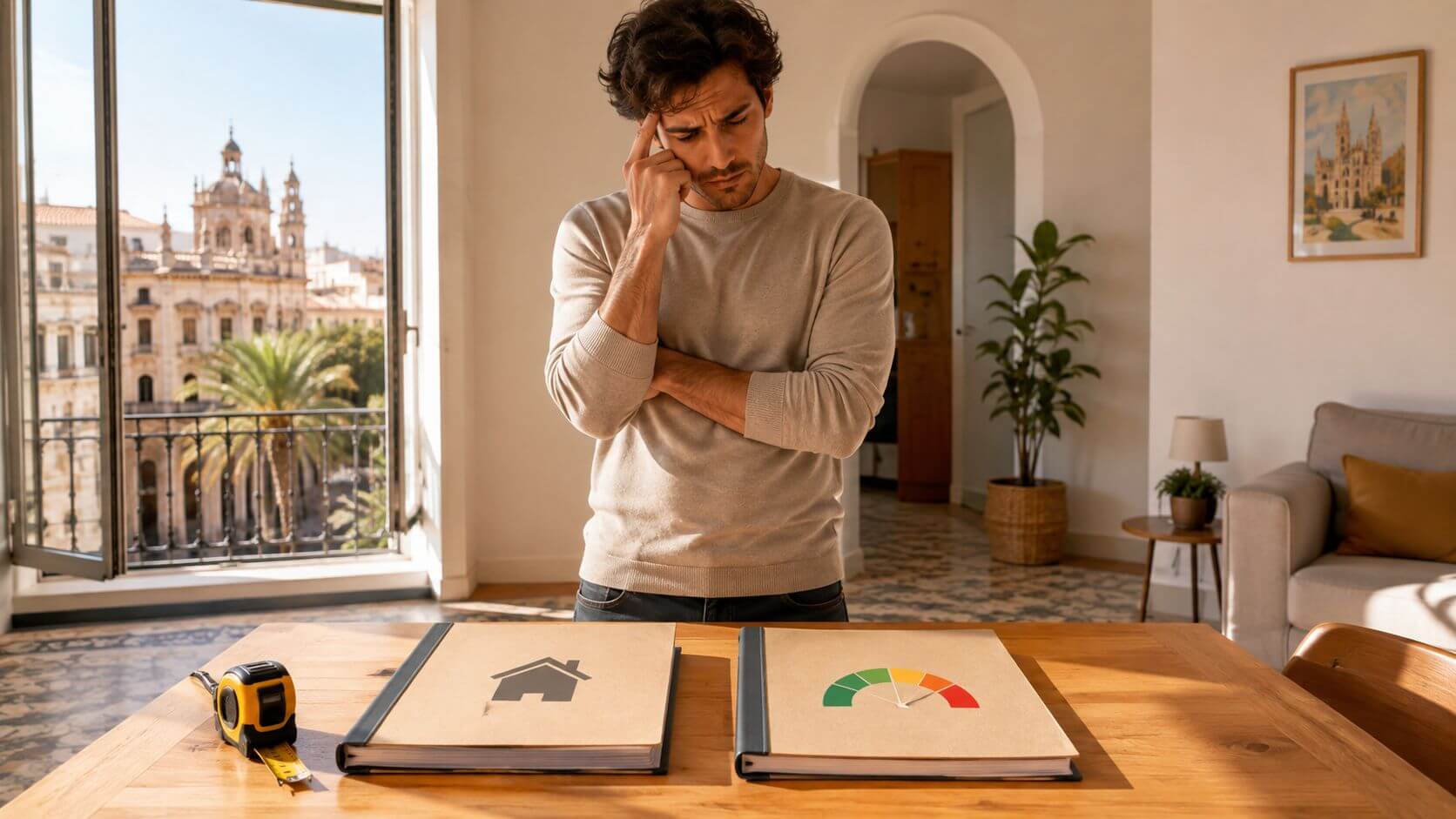 Certificados Energéticos | Cédula de Habitabilidad y Certificado Energético en Valencia Un hombre pensativo compara documentos de cédula de habitabilidad y certificado energético sobre una mesa de madera.