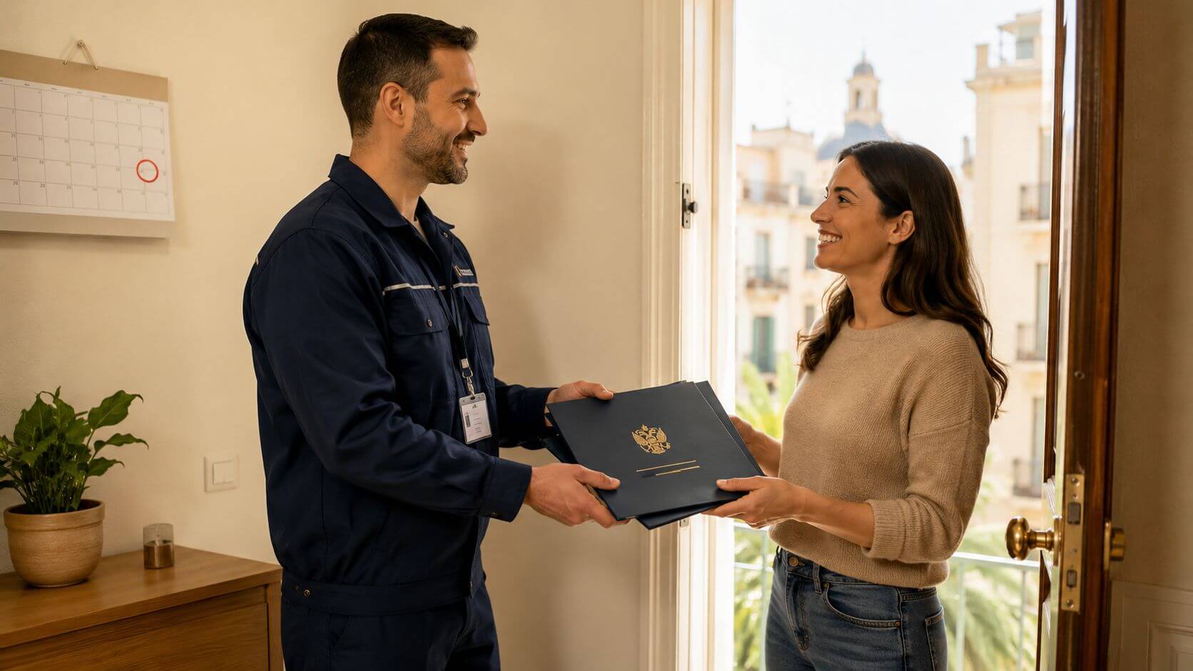 Certificados Energéticos | Cédula de Habitabilidad y Certificado Energético en Valencia Un trabajador entrega documentos oficiales a una mujer sonriente en la entrada de su vivienda.