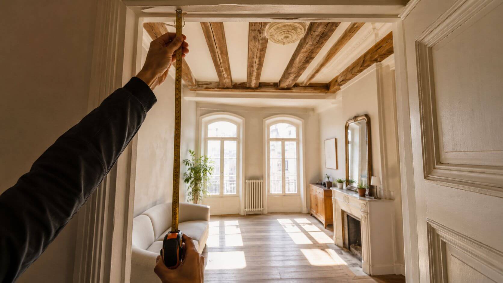 Certificados Energéticos | Cédula de Habitabilidad vivienda antigua: Guía completa Persona midiendo el marco de una puerta antigua en un luminoso salón con vigas de madera.