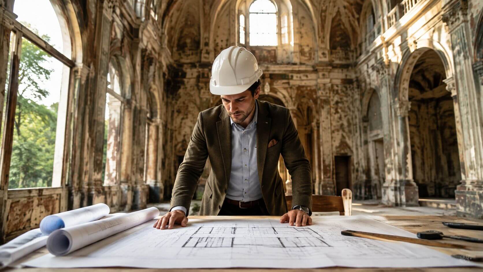 Certificados Energéticos | Rehabilitación edificios históricos Arquitecto con casco blanco examinando planos de construcción en el interior de un antiguo edificio histórico abandonado.