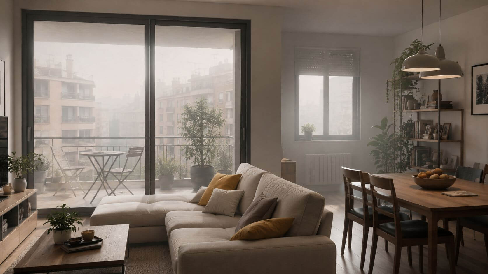 Certificados Energéticos | Renovación aire vivienda: Guía Completa 2026 Sala de estar moderna y luminosa con muebles de madera, sofá cómodo, plantas decorativas y vista a balcón.