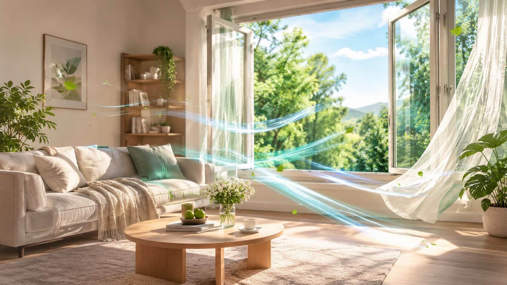 Certificados Energéticos | Renovación aire vivienda: Guía Completa 2026 Sala de estar iluminada con luz natural y corrientes de aire fresco entrando por una ventana abierta