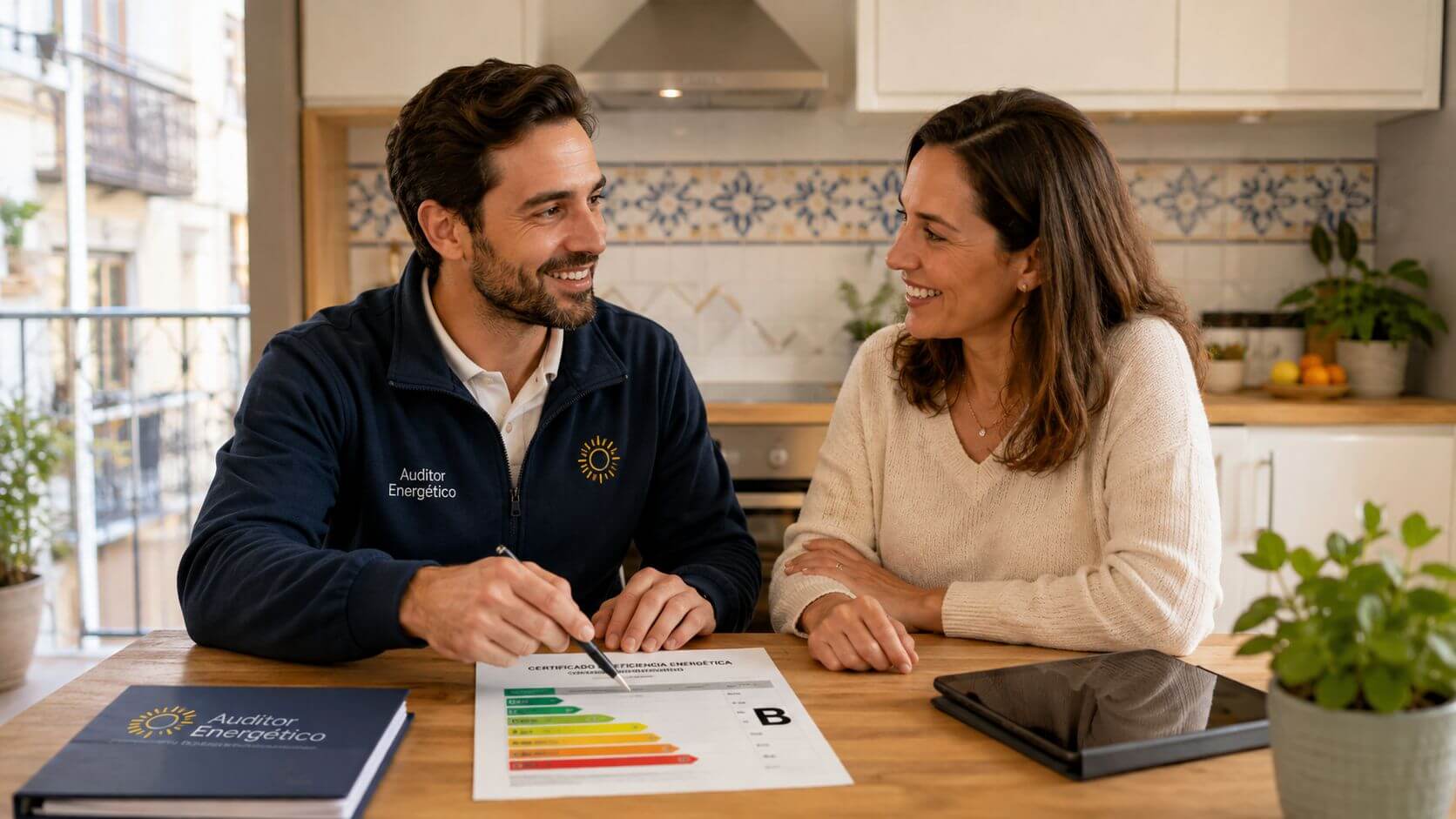 Certificados Energéticos | Auditoría energética vivienda: Guía práctica en Valencia Un auditor energético explica un certificado de eficiencia energética de clase B a una clienta en casa.