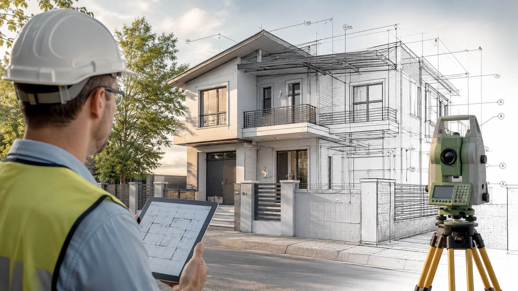 Certificados Energéticos | Proyecto rehabilitación vivienda: Guía técnica completa en Valencia Arquitecto con casco y tableta supervisando la construcción de una casa moderna con planos superpuestos.