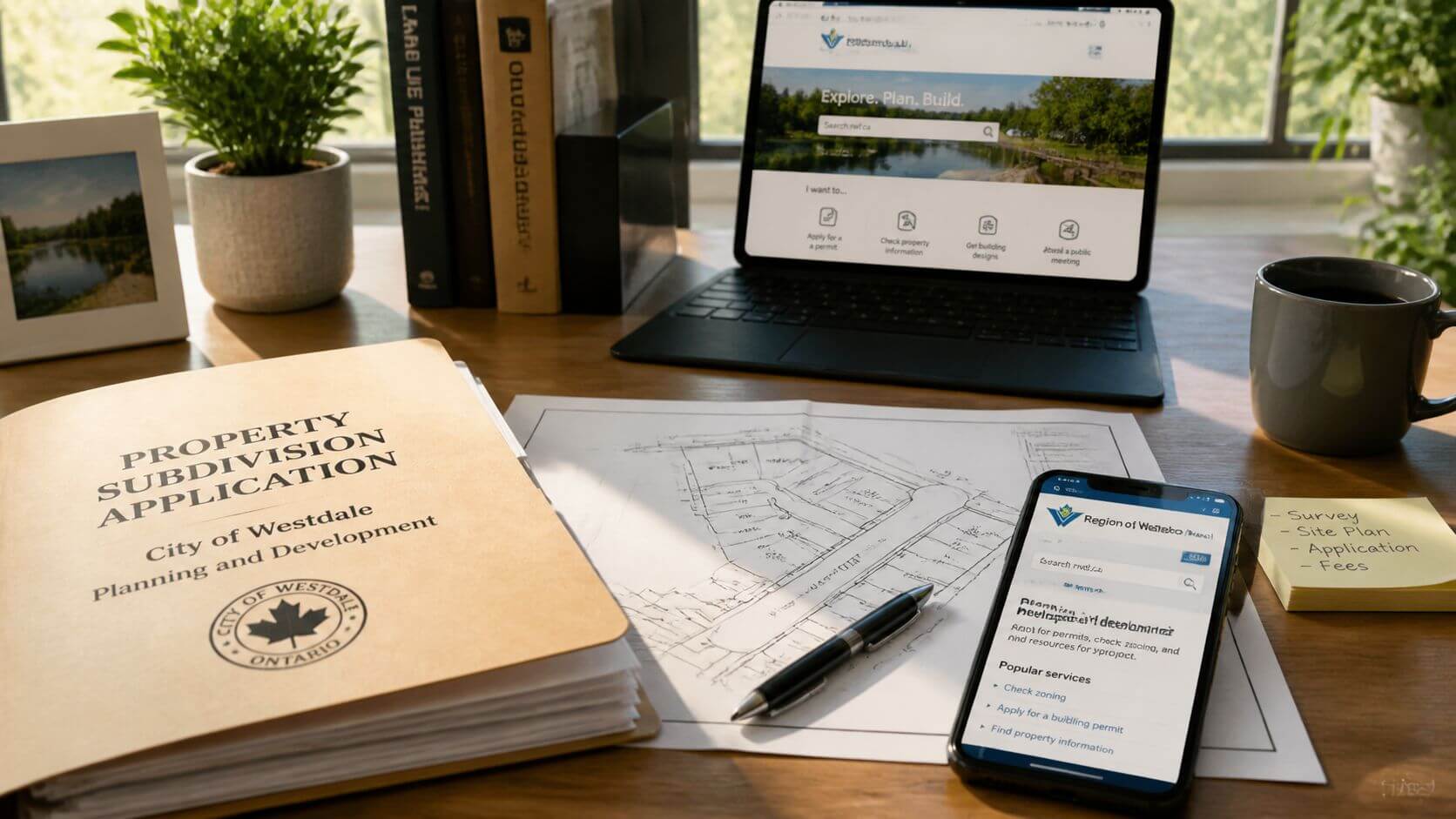 Certificados Energéticos | Cómo solicitar la cédula de habitabilidad en Valencia Escritorio con documentos de aplicación de subdivisión de propiedad, planos, una tableta y un teléfono inteligente.