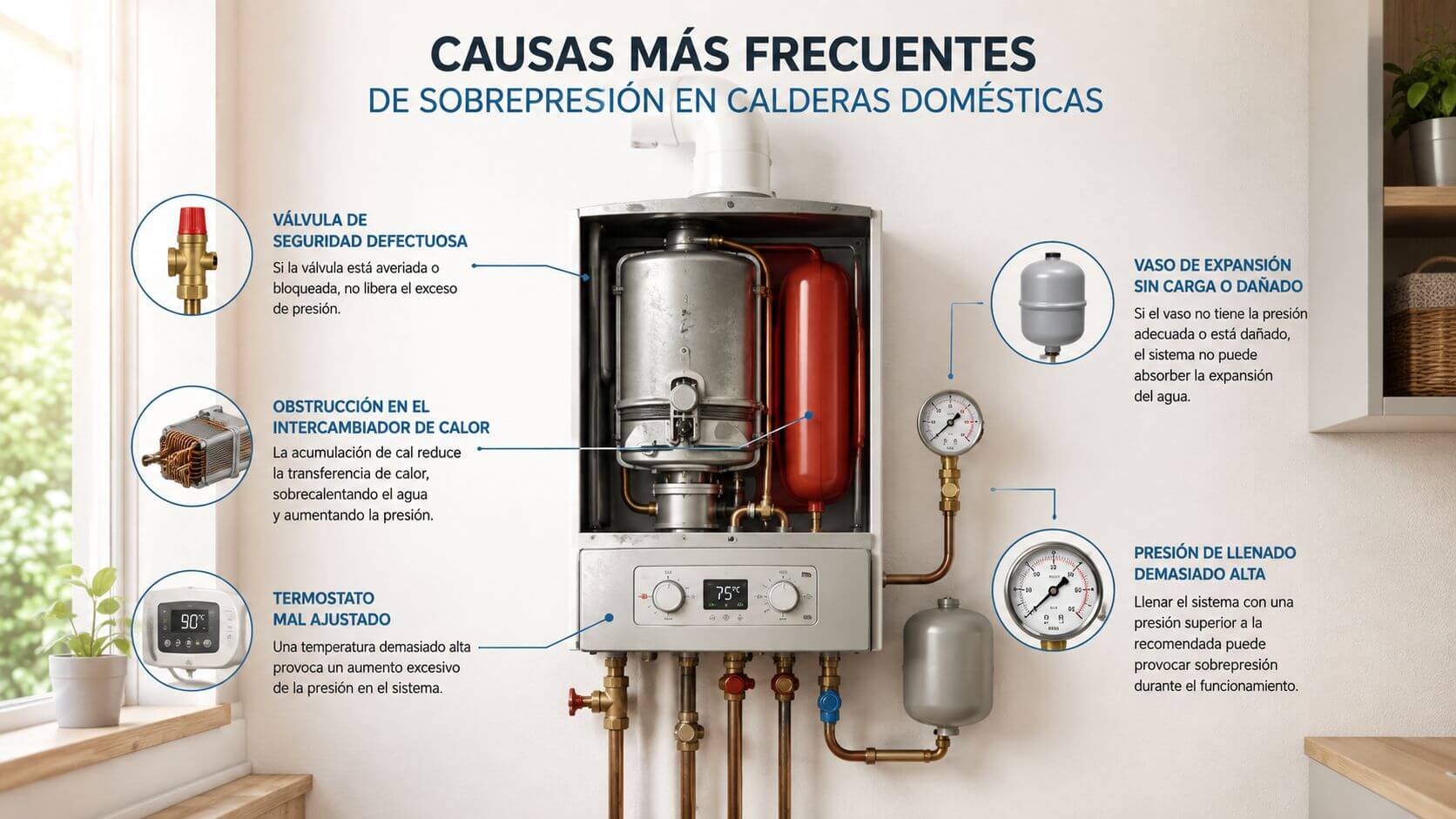 Certificados Energéticos | Cómo bajar la presión de la caldera Infografía sobre las causas principales de sobrepresión en calderas domésticas, incluyendo componentes técnicos y explicaciones detalladas.