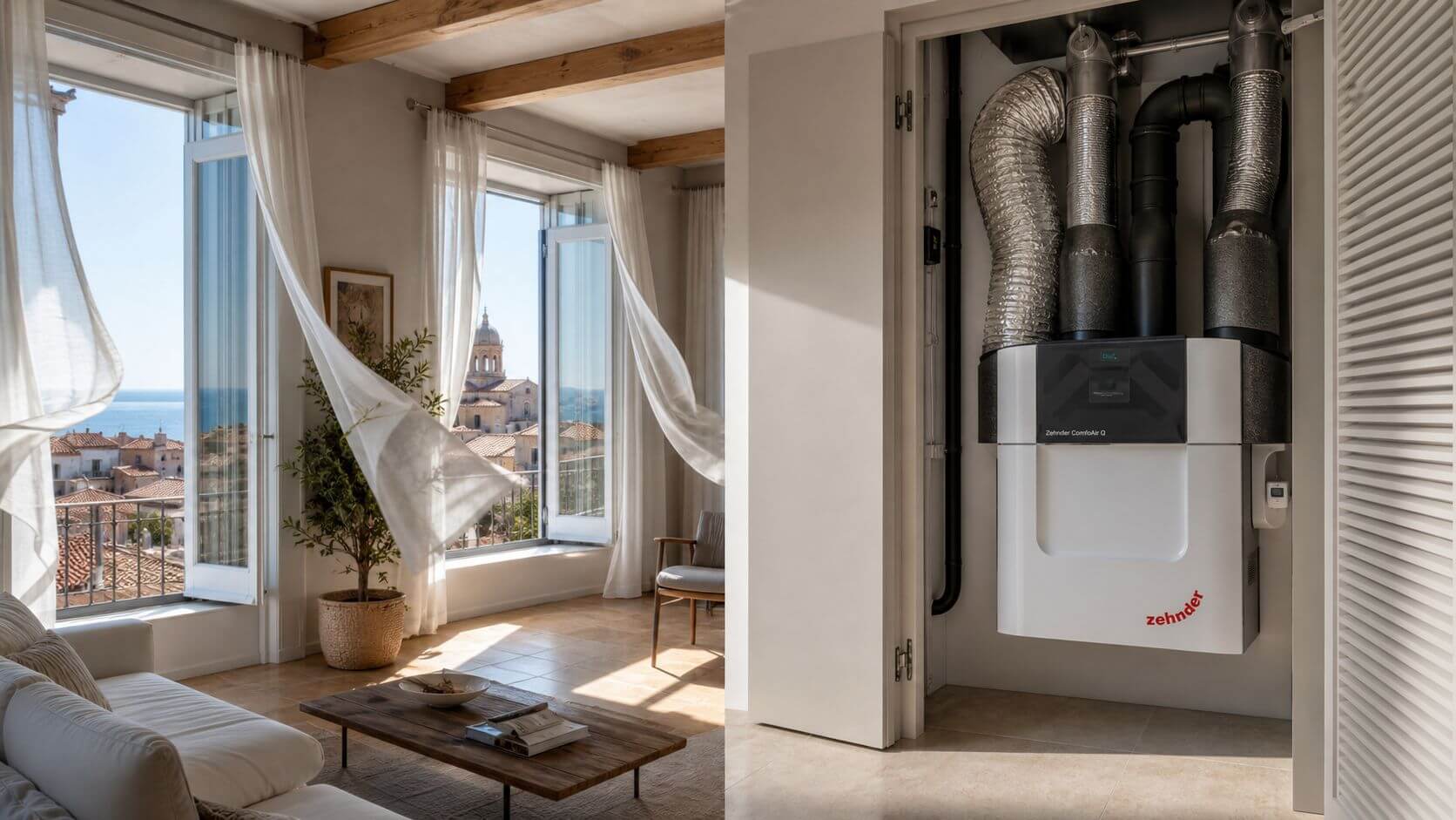 Certificados Energéticos | Calidad aire interior en Valencia: Guía práctica Sistema de ventilación Zehnder instalado en una habitación luminosa con vistas a un pueblo costero mediterráneo.