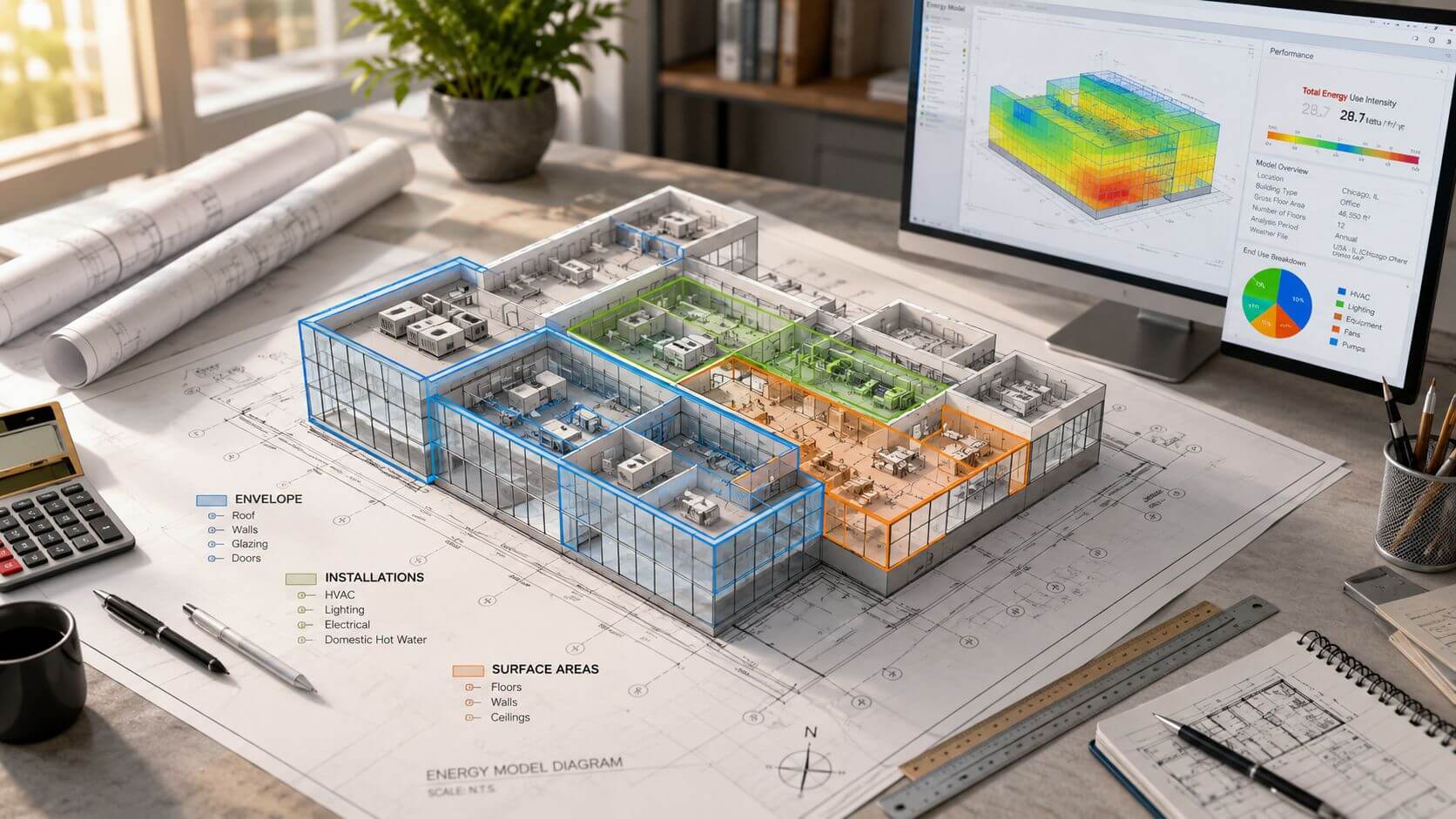 Certificados Energéticos | Precio Certificado Energético local comercial: Guía 2026 Representación técnica de un edificio de oficinas con análisis de eficiencia energética y modelos sobre planos arquitectónicos.