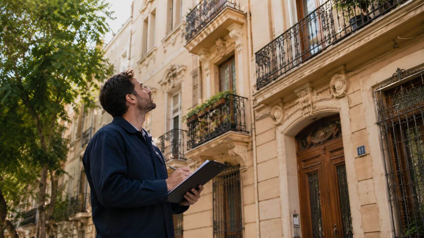 Certificados Energéticos | Cómo renovar la Cedula de Habitabilidad en 2026 Un inspector inmobiliario examina la fachada de un edificio antiguo para verificar las condiciones de la vivienda.