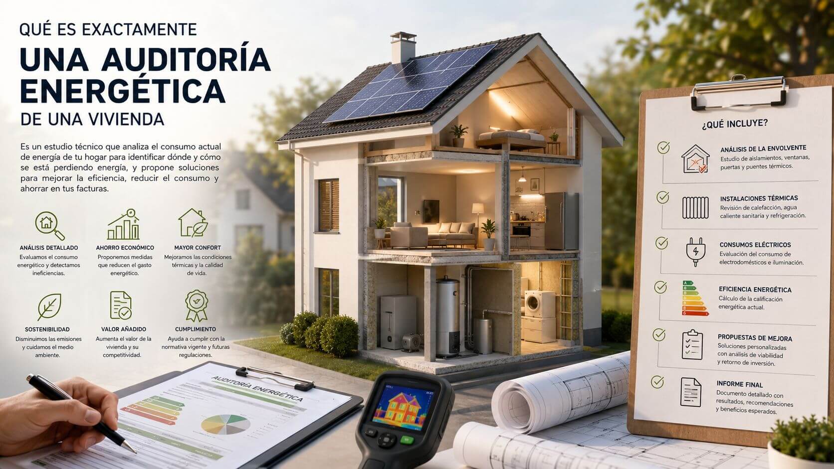 Certificados Energéticos | Auditoría energética vivienda: Guía práctica en Valencia Infografía sobre auditoría energética de una vivienda mostrando una casa seccionada, beneficios, equipo técnico y reporte detallado.