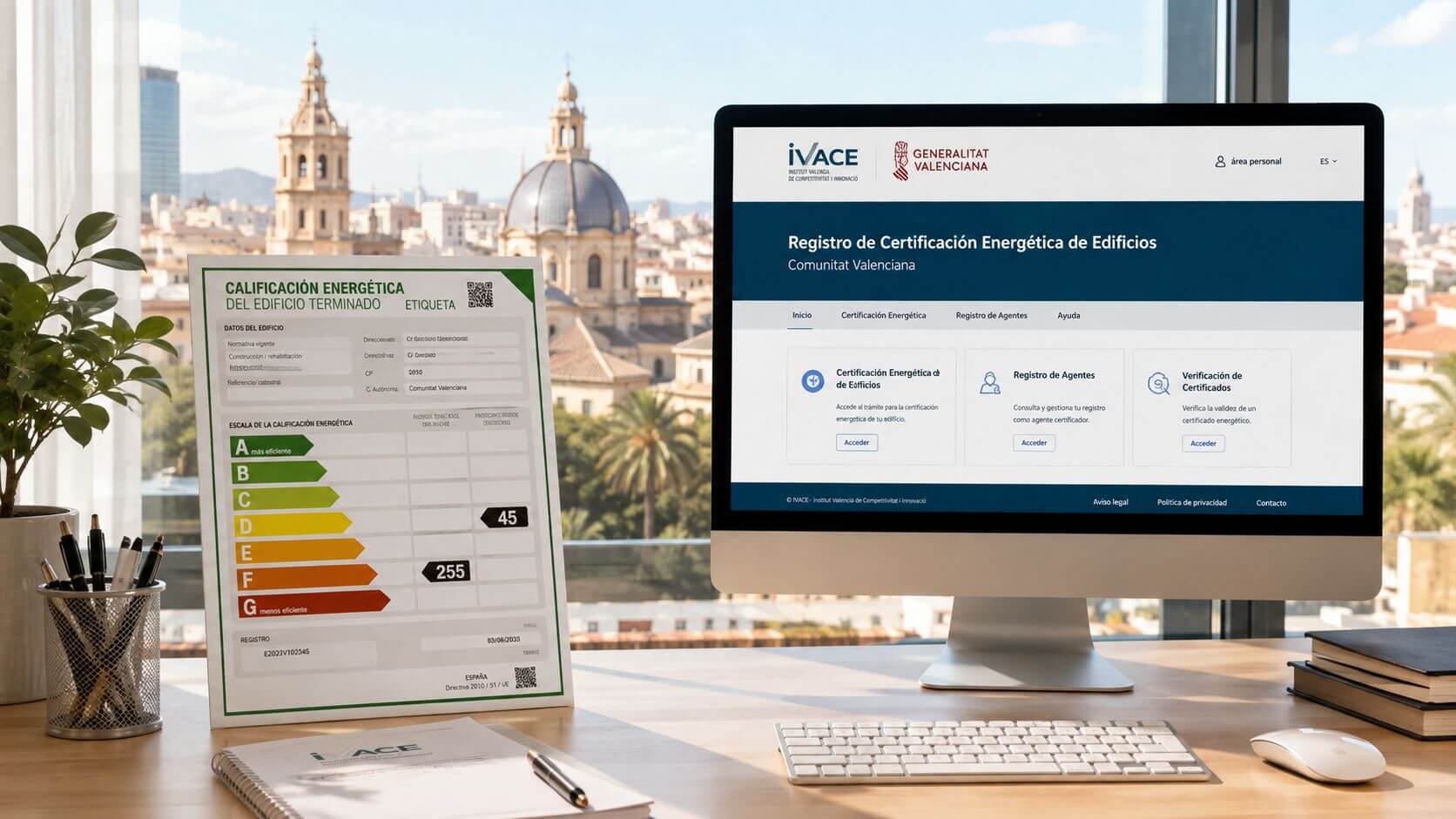 Certificados Energéticos | Certificador energético Valencia: Qué hace y coste Ordenador mostrando la web de registro de certificación energética de edificios en Valencia con documento informativo al lado.