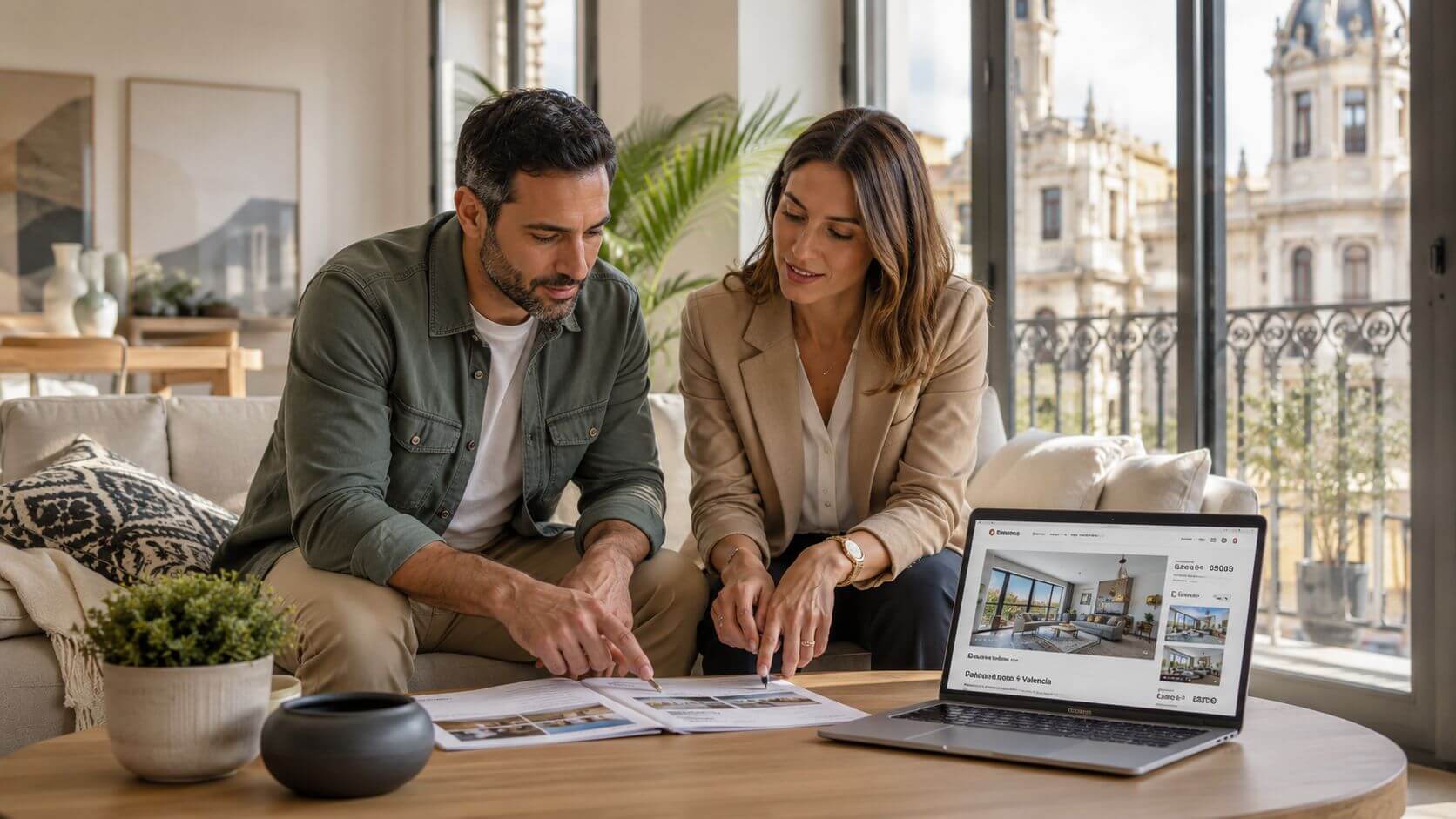 Certificados Energéticos | Certificador energético Valencia: Qué hace y coste Una pareja consultando documentos y una computadora portátil en una sala de estar moderna en Valencia.