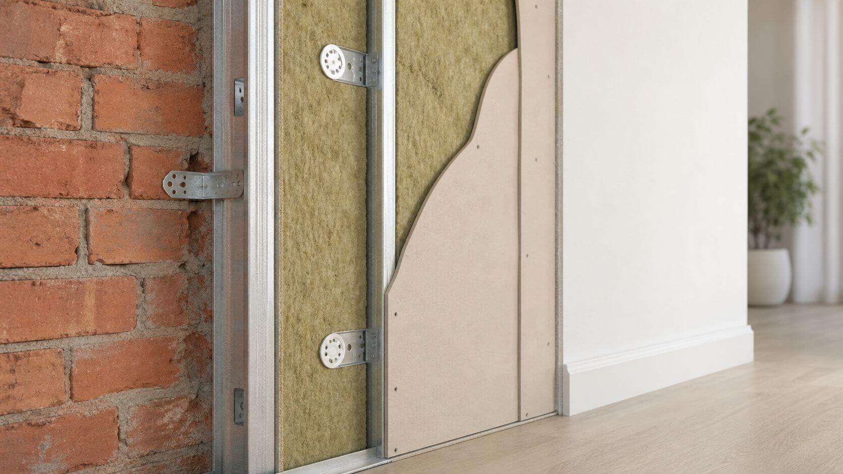 Certificados Energéticos | Qué es trasdosado Vista de corte de una pared con aislamiento térmico y acústico montada sobre estructura de metal.