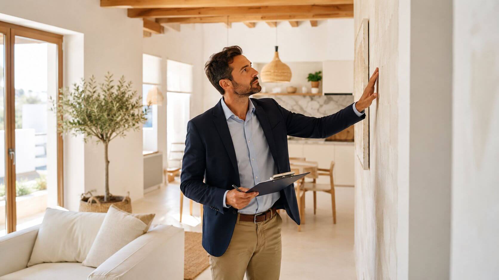 Certificados Energéticos | Cuándo caduca la Cédula de Habitabilidad en Valencia Un profesional inmobiliario inspecciona una pared en el interior de una vivienda moderna con portapapeles en mano.