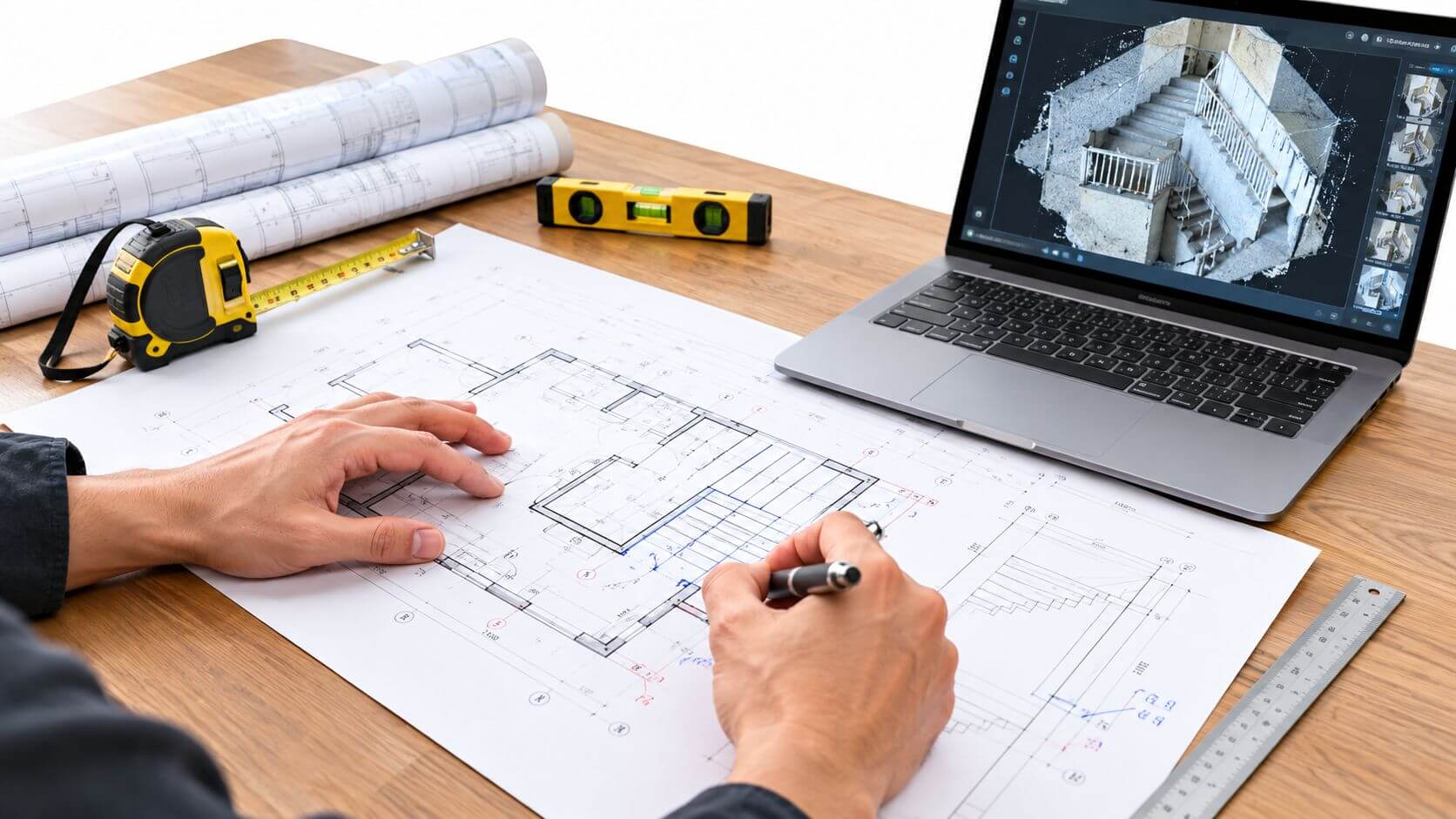 Certificados Energéticos | Accesibilidad comunidad de propietarios: guía 2026 Arquitecto analizando planos técnicos de construcción sobre una mesa con herramientas y una computadora portátil abierta.