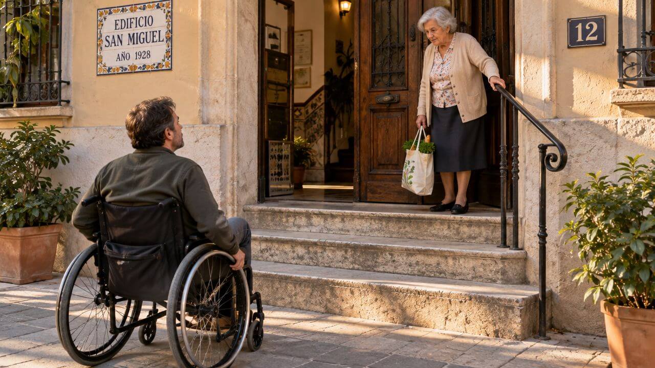 Certificados Energéticos | Accesibilidad comunidad de propietarios: guía 2026 Hombre en silla de ruedas mirando a una mujer mayor con bolsas de compra en la entrada.