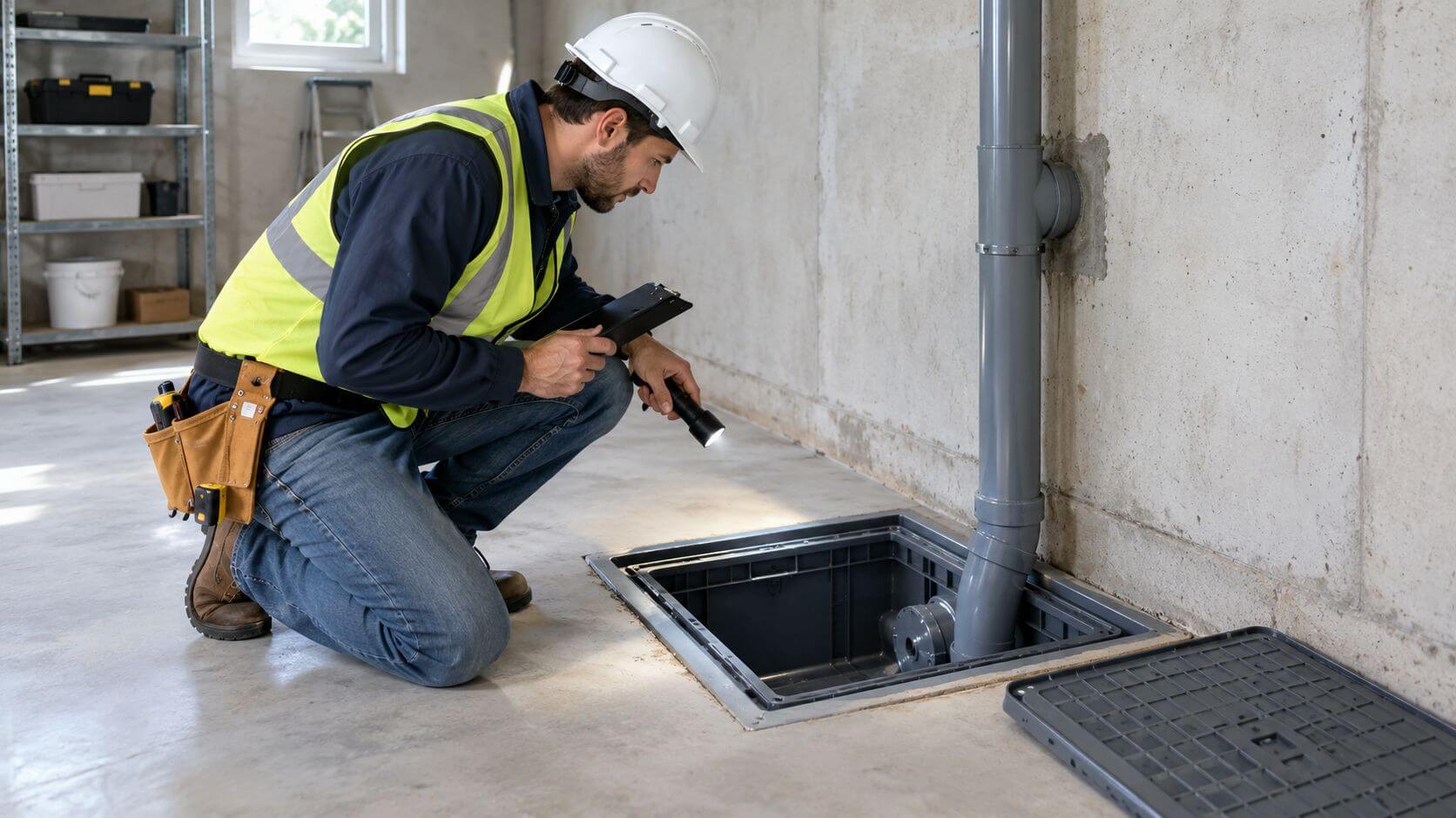 Certificados Energéticos | Esquema bajantes edificio: Guía técnica completa Un inspector de edificios con casco y linterna revisando una caja de registro de fontanería en el suelo.