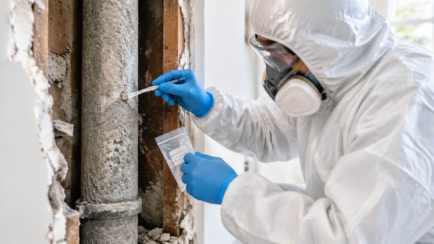 Certificados Energéticos | Esquema bajantes edificio: Guía técnica completa Técnico en traje de protección tomando muestras de una tubería de bajante en un edificio antiguo