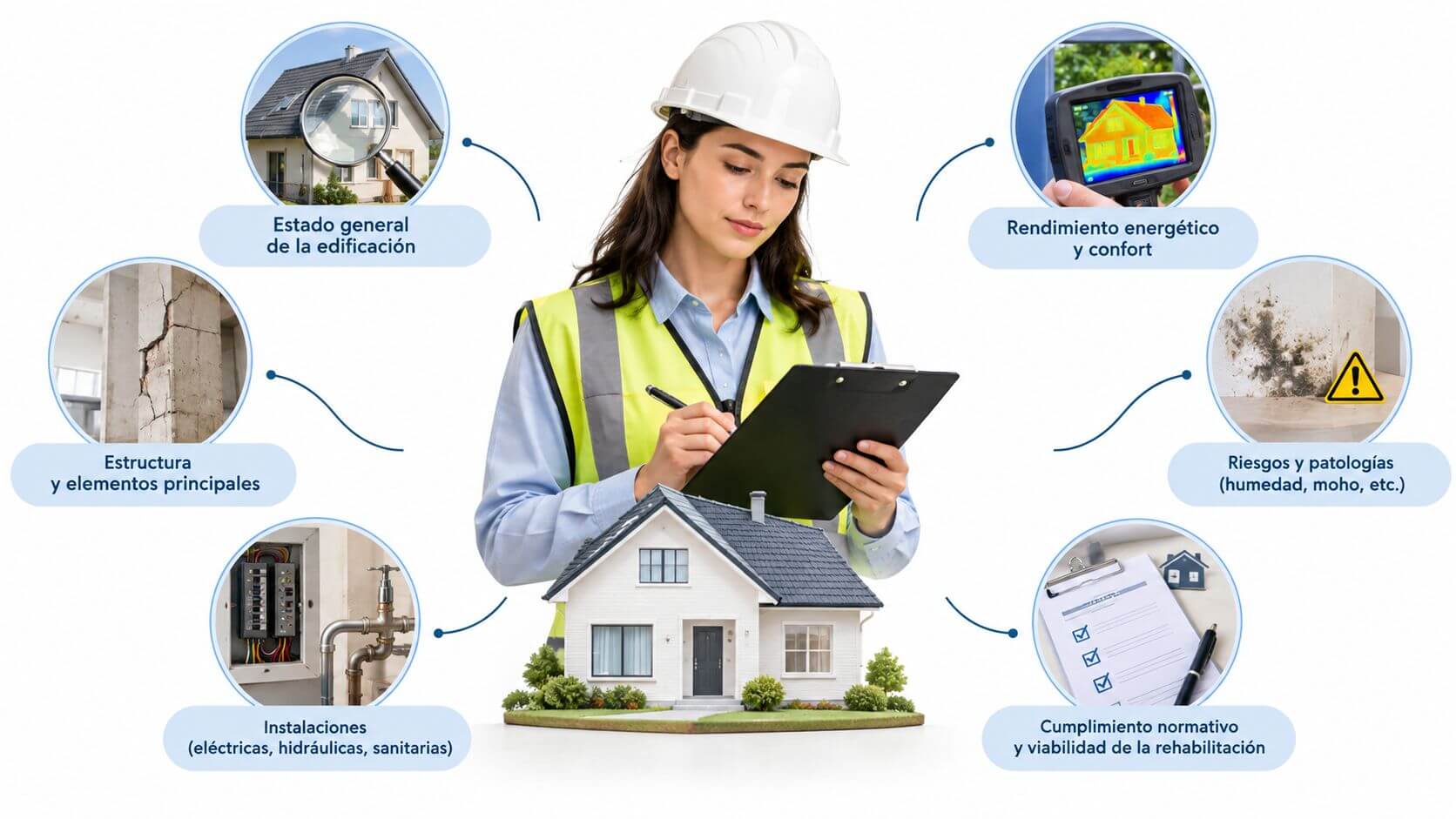 Certificados Energéticos | Rehabilitación de edificios en Valencia Una inspectora técnica evalúa el estado de conservación, estructuras, instalaciones y eficiencia energética de una edificación residencial.