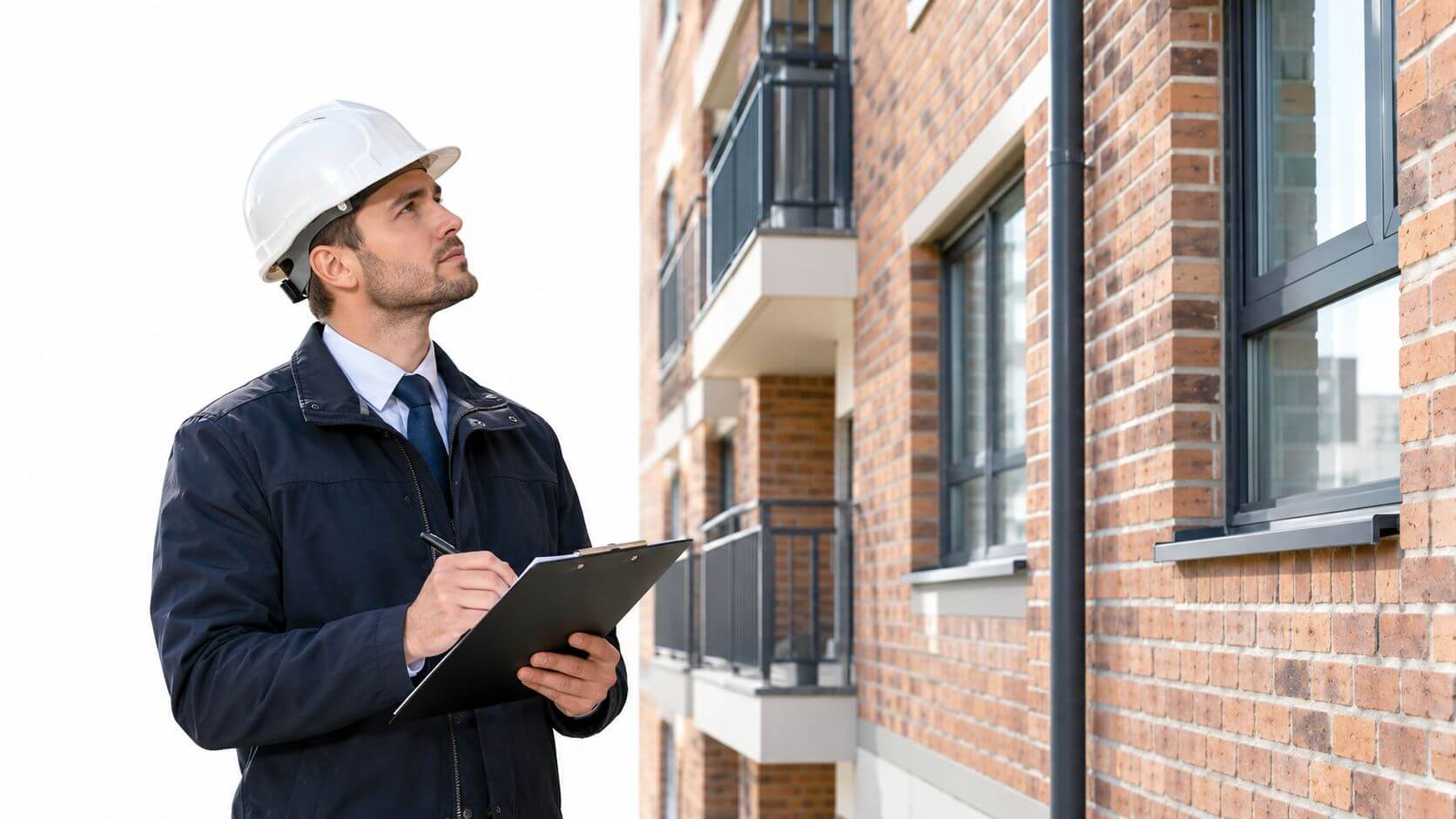 Certificados Energéticos | Ayudas para rehabilitación de edificios en España: Guía 2026 Un inspector de edificios con casco blanco toma notas sobre una hoja mientras observa una construcción residencial.