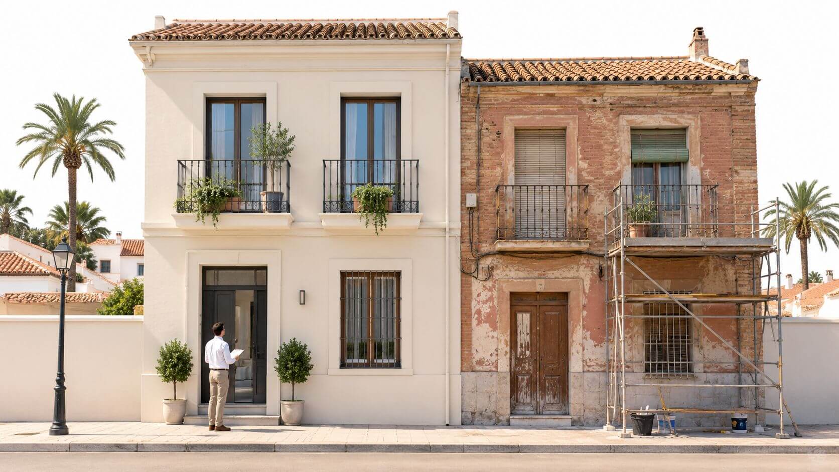 Certificados Energéticos | Subvenciones para la rehabilitación de edificios: Guía 2026 Un inspector inmobiliario observa una casa moderna restaurada junto a un edificio antiguo en proceso de rehabilitación.