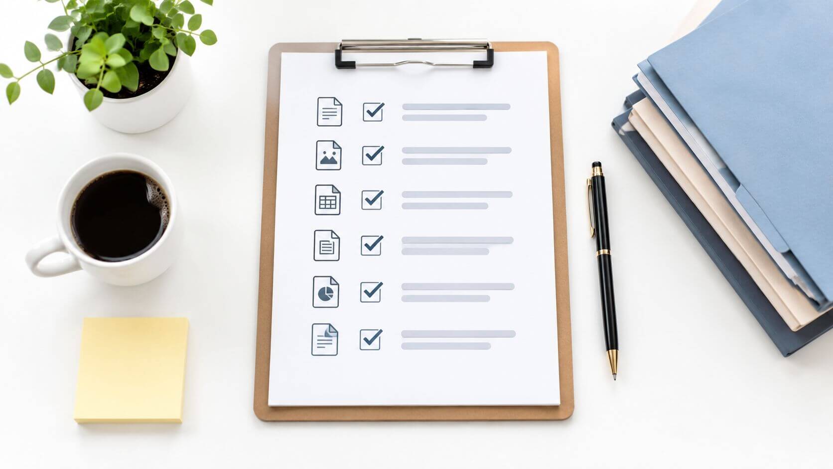 Certificados Energéticos | Documentos para alquilar un piso: Guía práctica Portapapeles con una lista de verificación y varios documentos sobre un escritorio organizado junto a un café